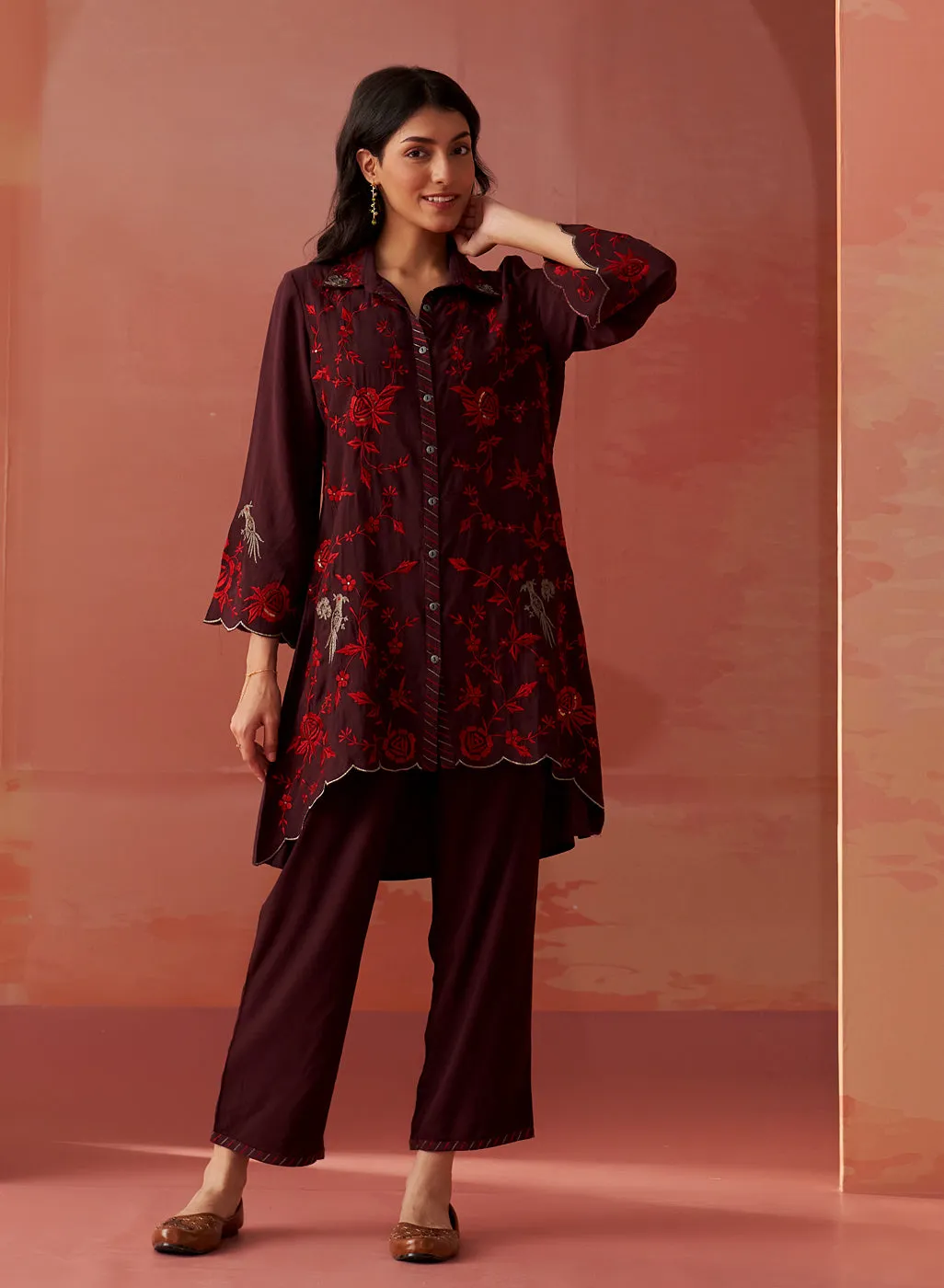 Iqra Burgundy Embroidered Cotton Co-ord Set for Women