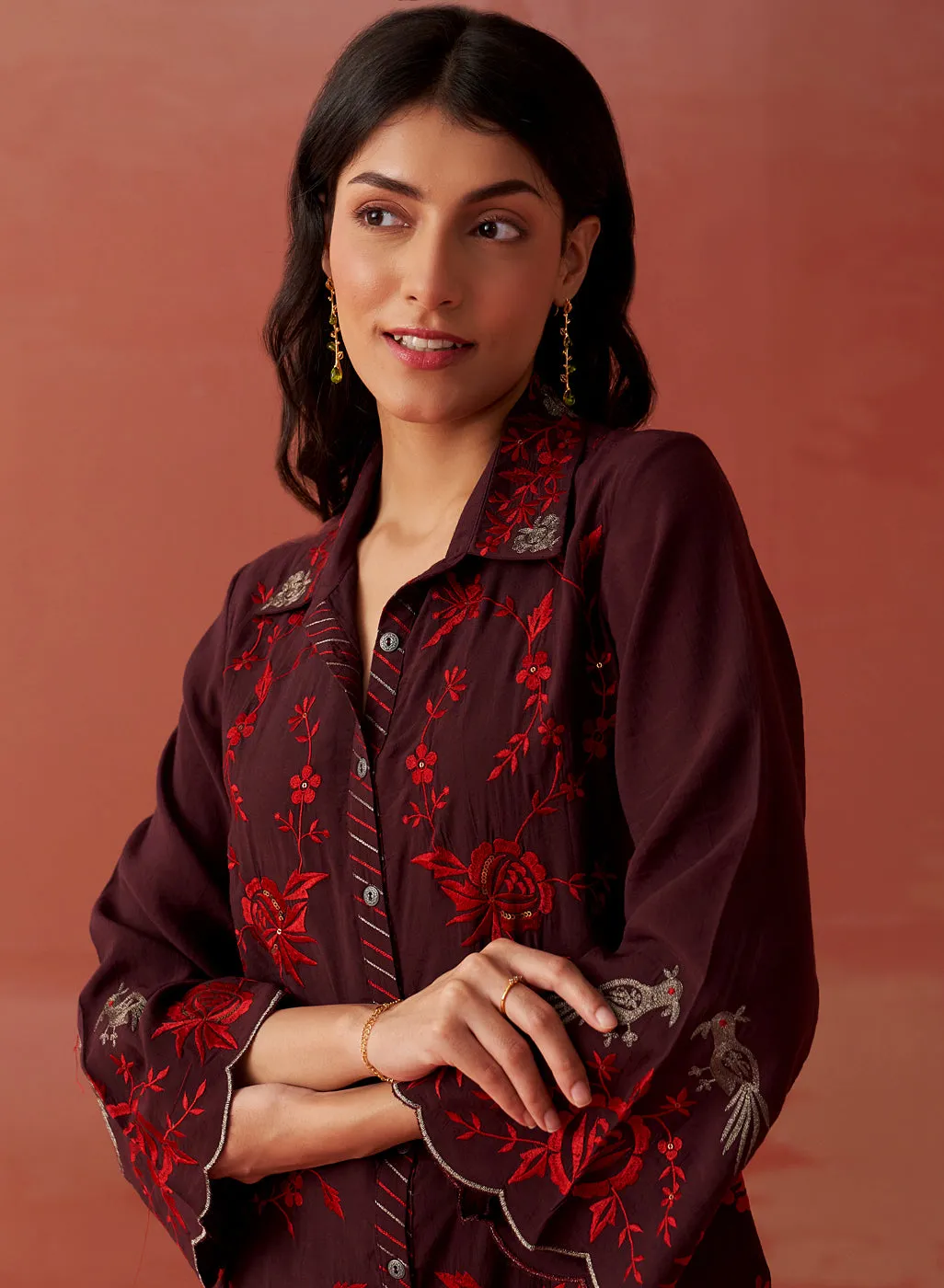 Iqra Burgundy Embroidered Cotton Co-ord Set for Women