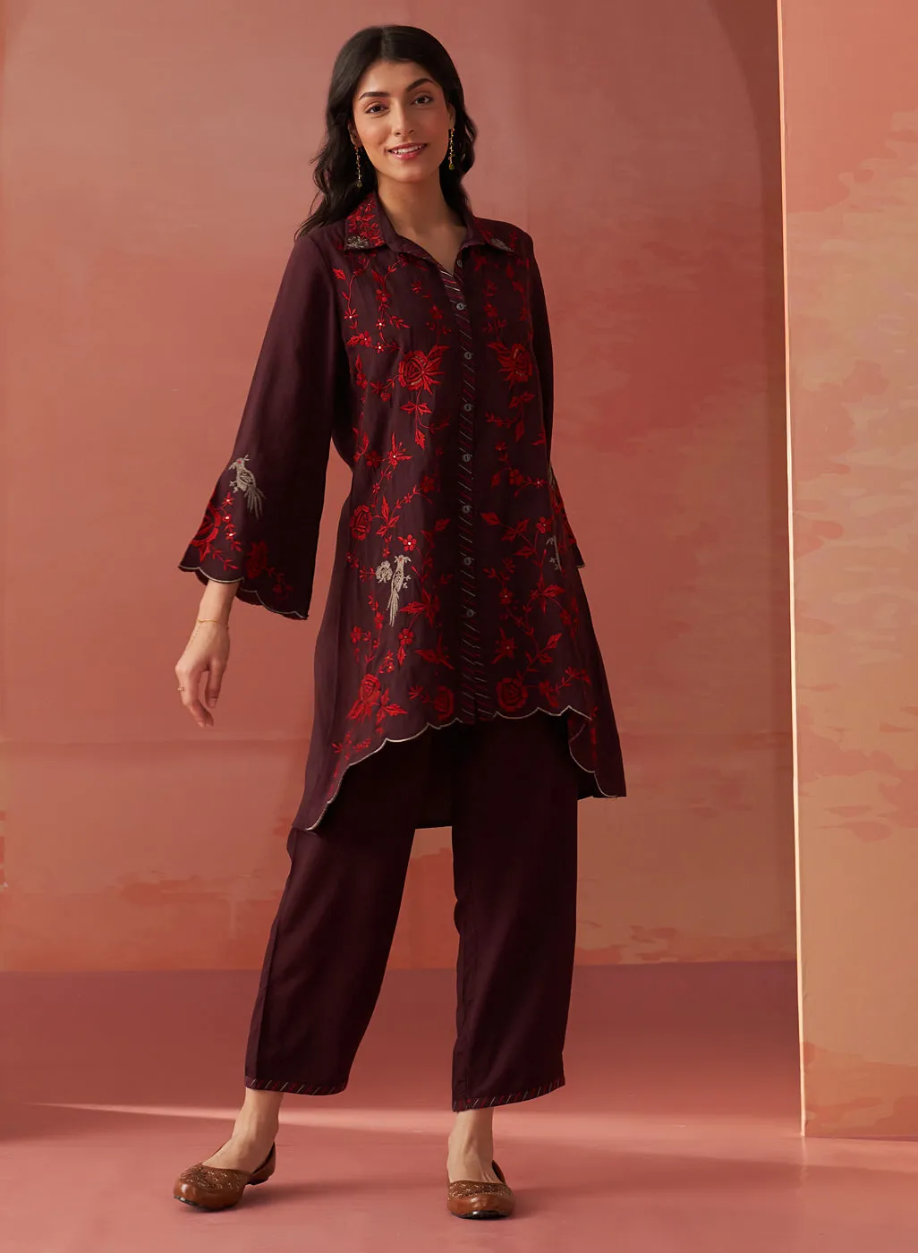 Iqra Burgundy Embroidered Cotton Co-ord Set for Women