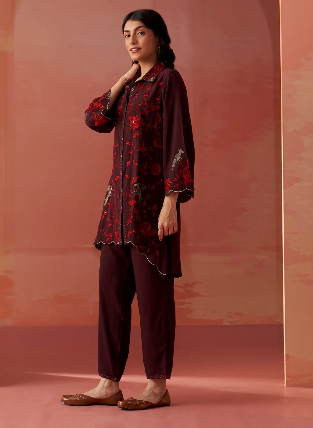 Iqra Burgundy Embroidered Cotton Co-ord Set for Women