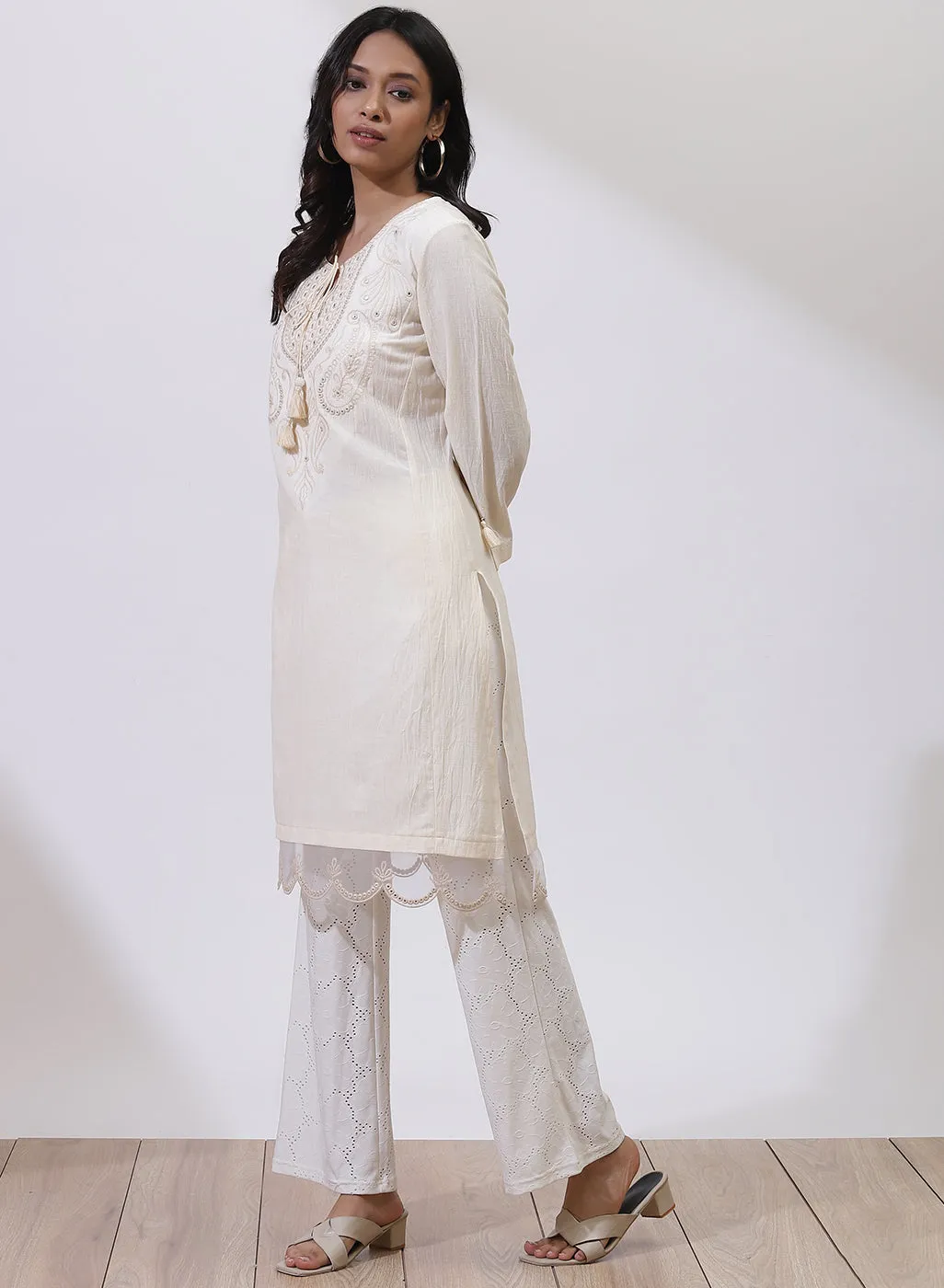 Ivory A-Line Kurta with Delicate Embroidery