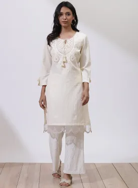 Ivory A-Line Kurta with Delicate Embroidery