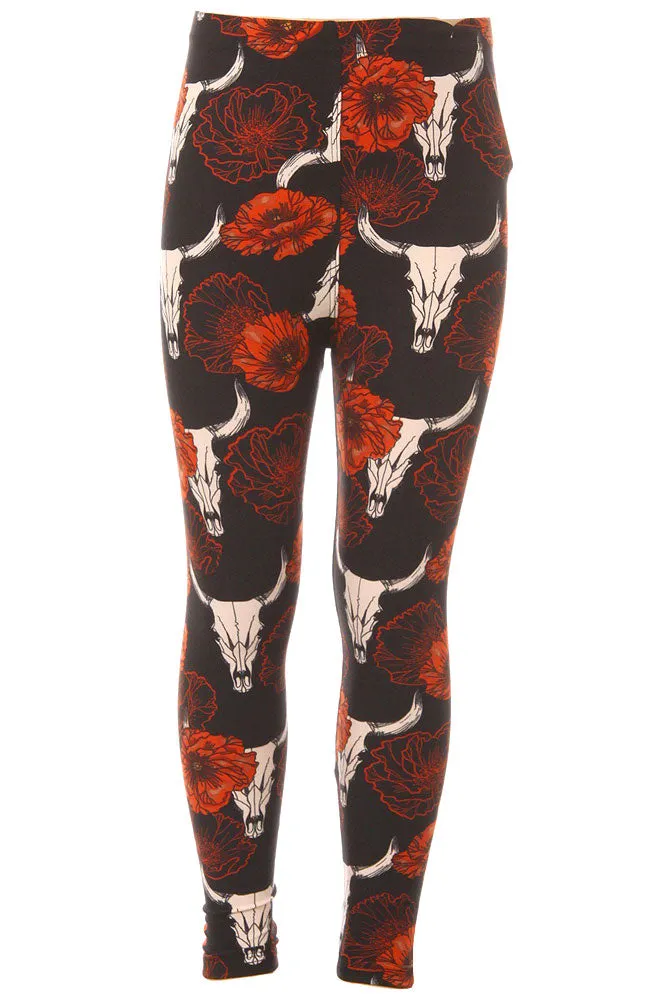 Kid's Colorful Flower Bull Skull Pattern Printed Leggings