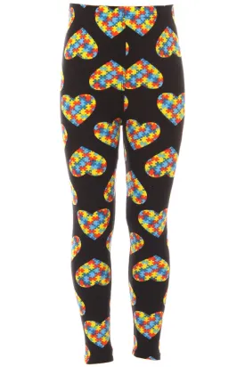 Kid's Colorful Heart Autism Jigsaw Puzzles Pattern Printed Leggings