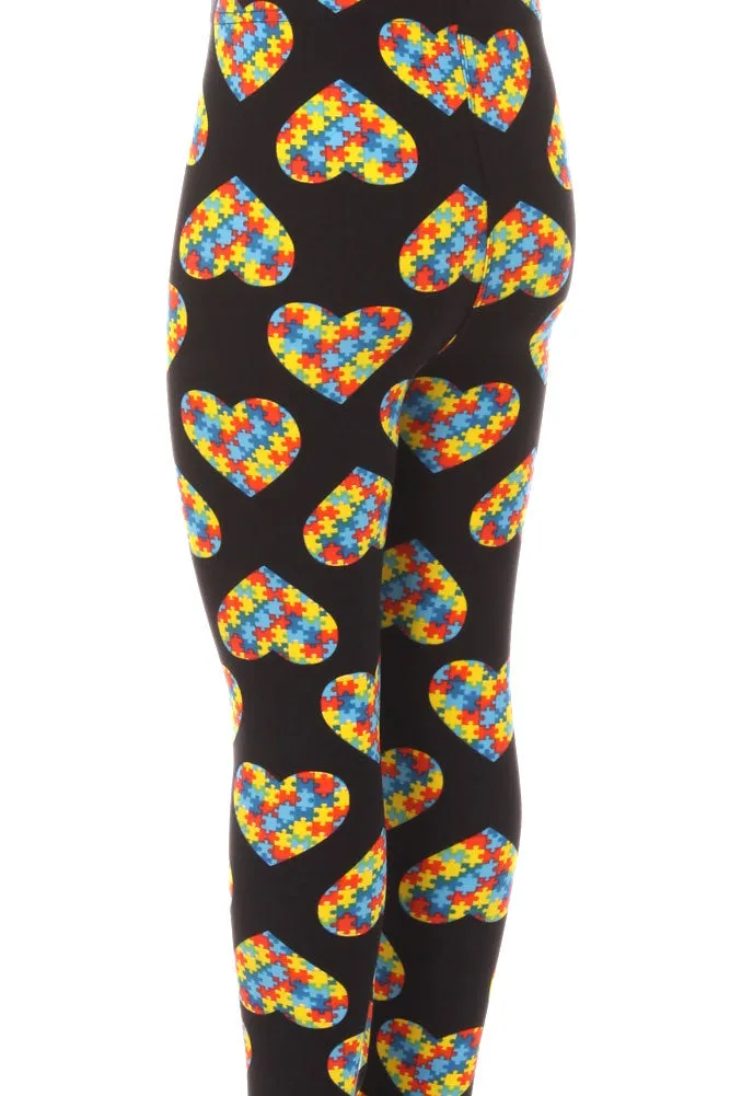 Kid's Colorful Heart Autism Jigsaw Puzzles Pattern Printed Leggings