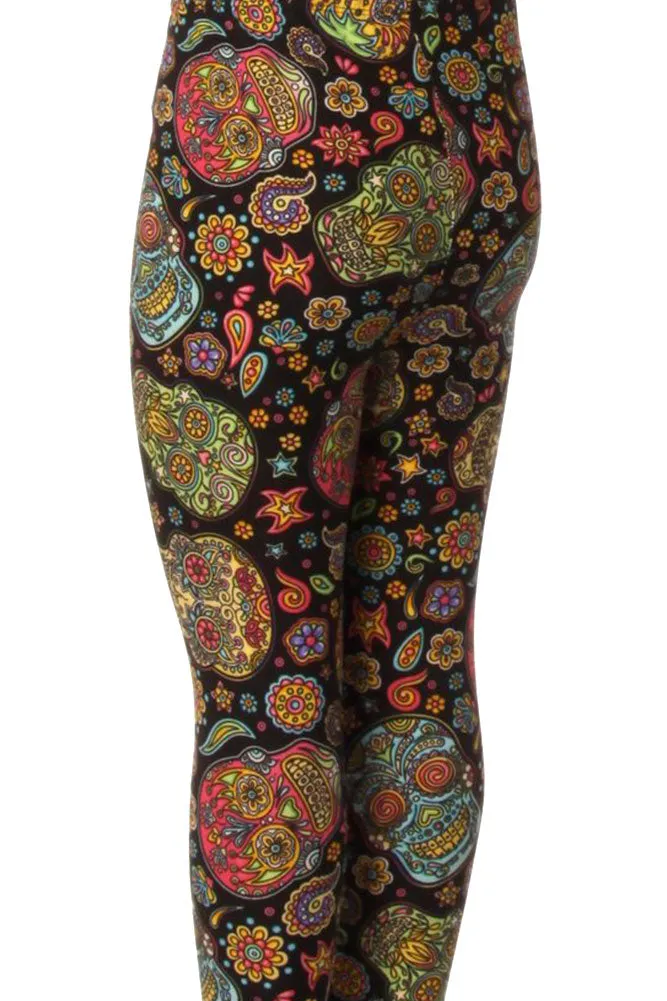 Kid's Colorful Sugar Skulls Flower Pattern Printed Leggings