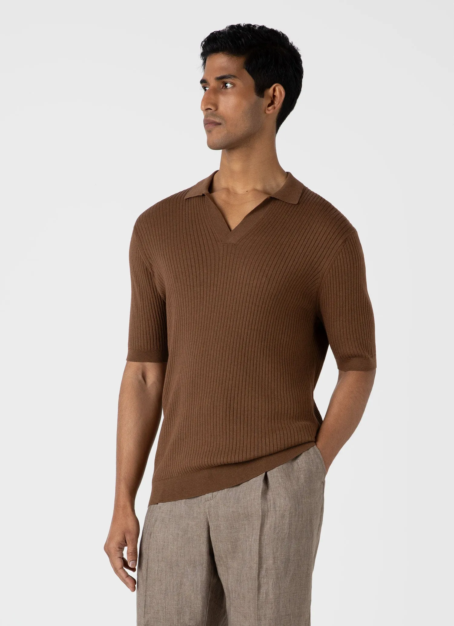 Men's Fine Rib Silk Cotton Polo Shirt in Dark Sand