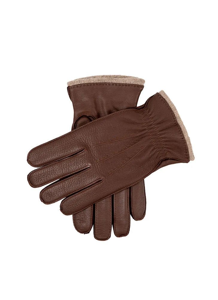 Men’s Three-Point Cashmere-Lined Deerskin Leather Gloves with Cashmere Cuffs