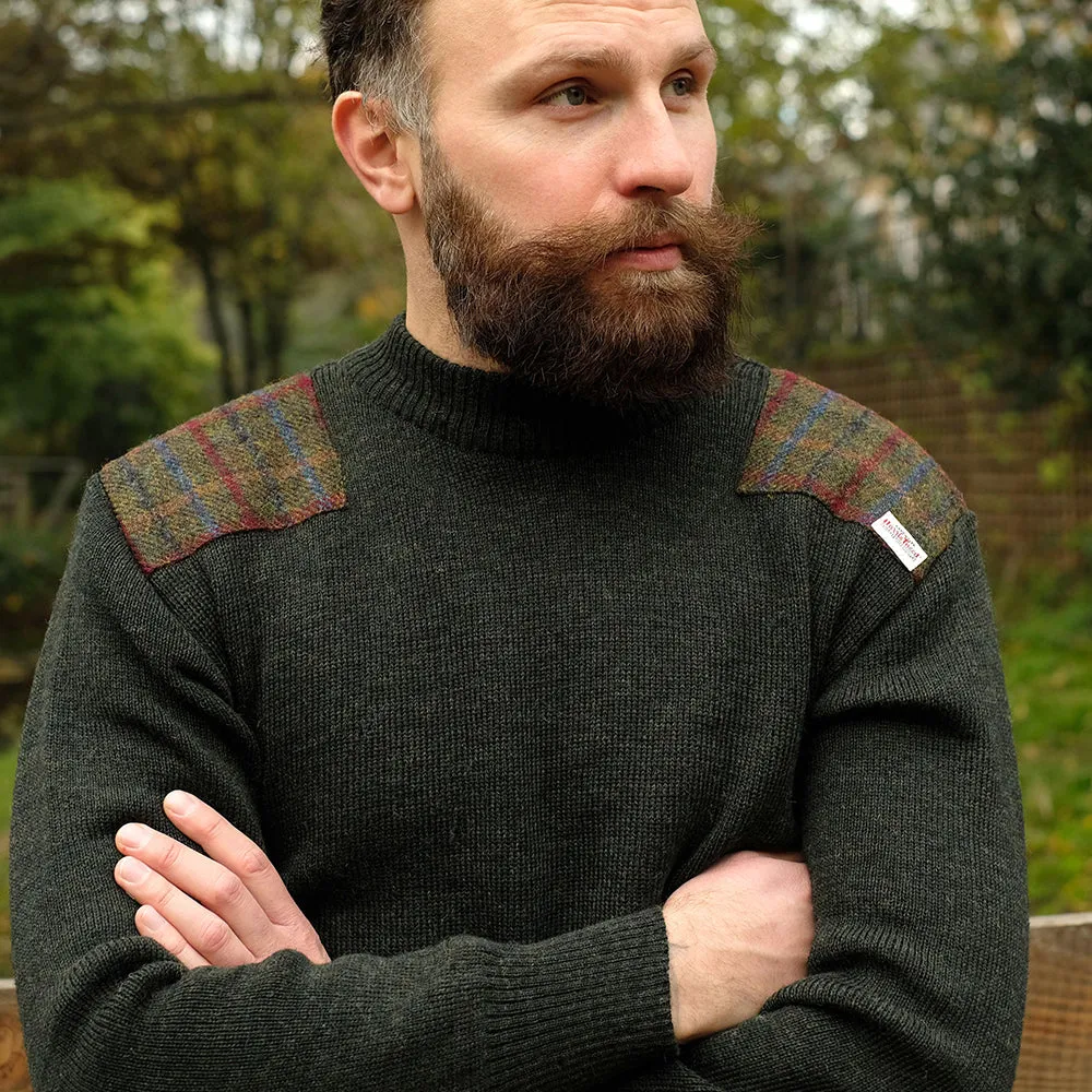 Military style jumper with Harris Tweed shoulder patches in dark green