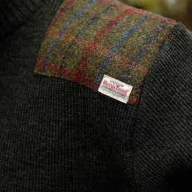 Military style jumper with Harris Tweed shoulder patches in dark green