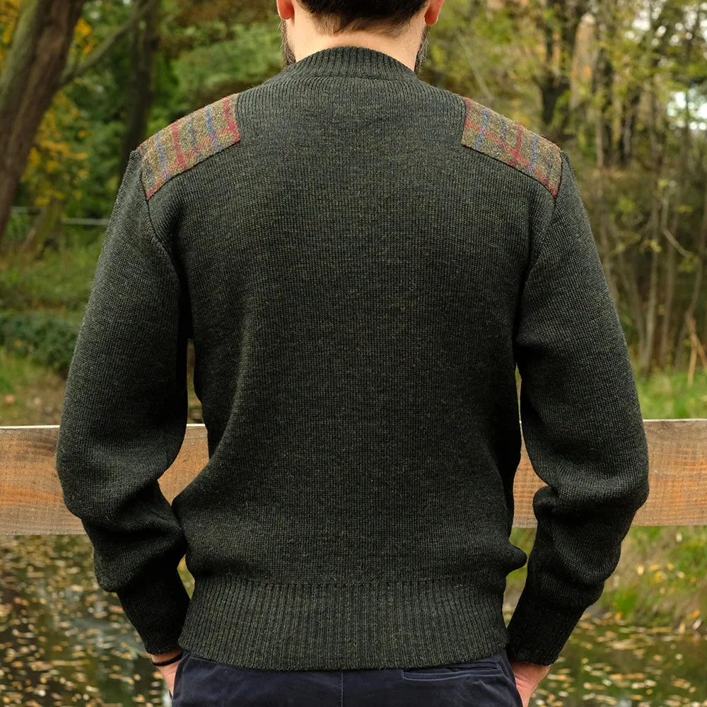 Military style jumper with Harris Tweed shoulder patches in dark green