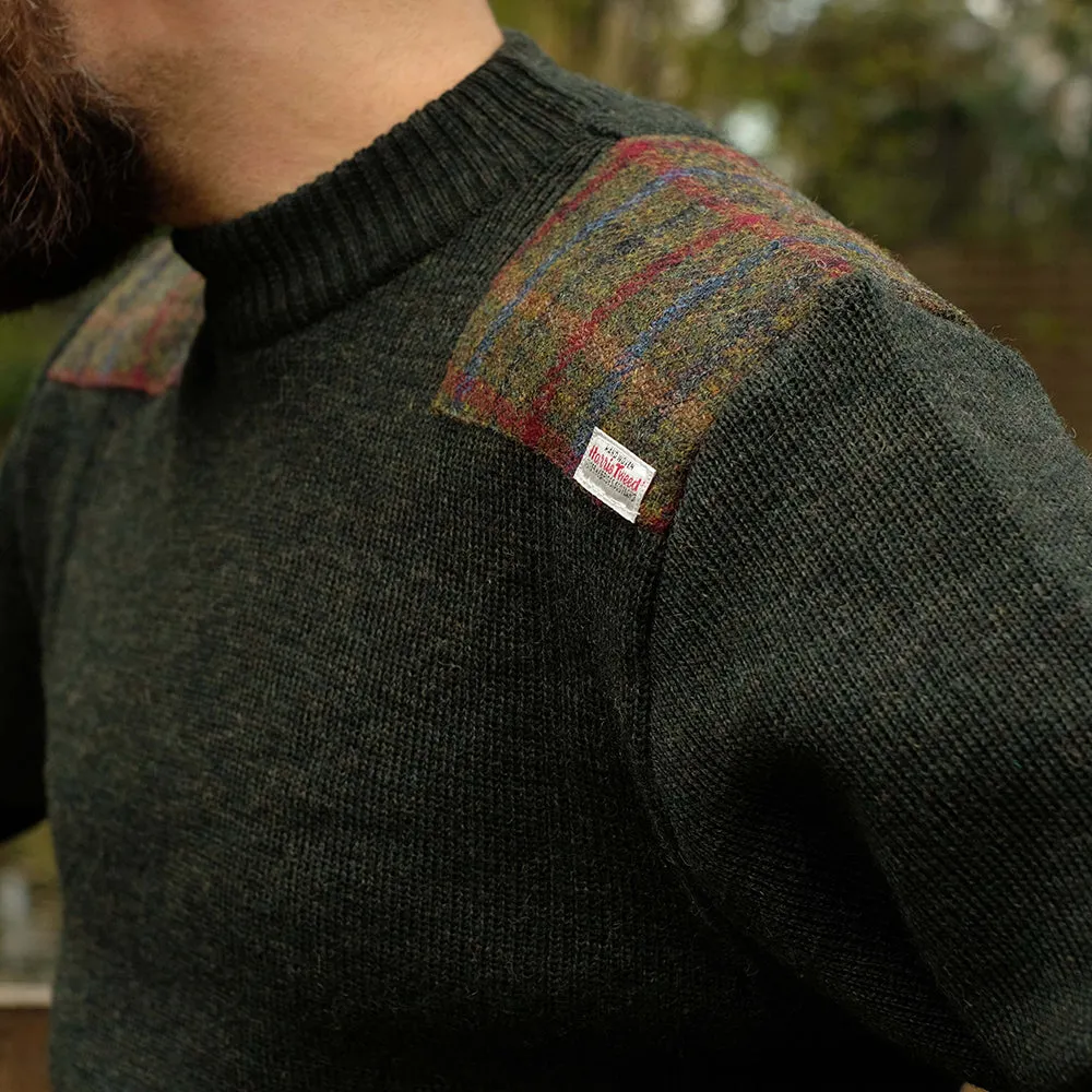 Military style jumper with Harris Tweed shoulder patches in dark green