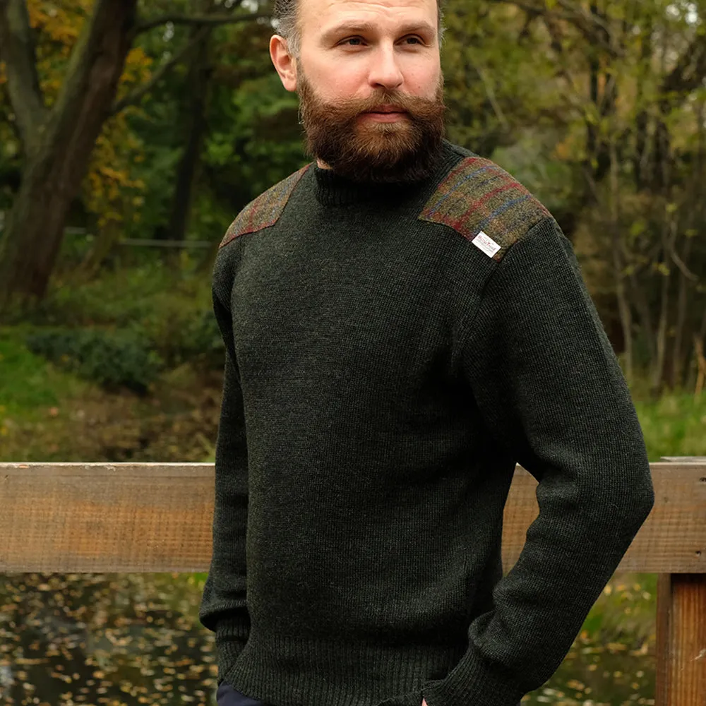 Military style jumper with Harris Tweed shoulder patches in dark green