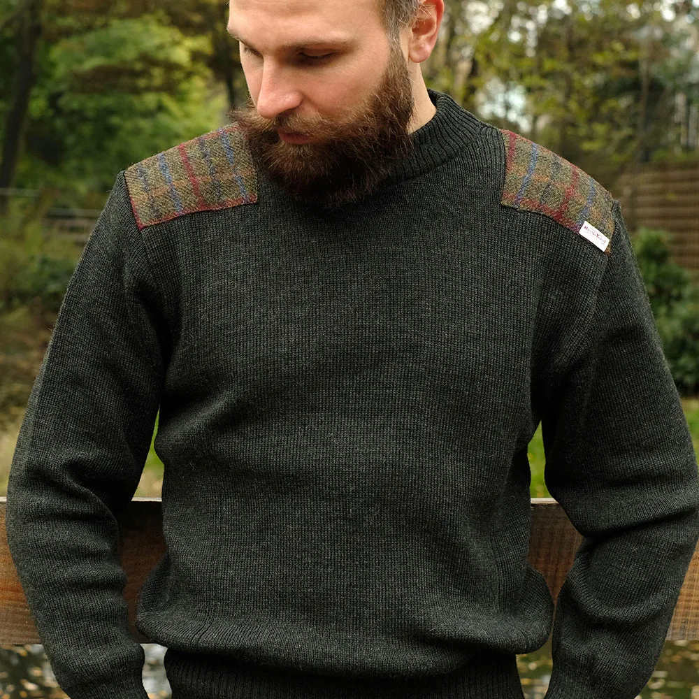 Military style jumper with Harris Tweed shoulder patches in dark green