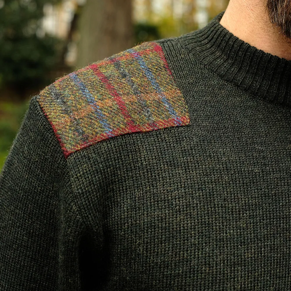 Military style jumper with Harris Tweed shoulder patches in dark green