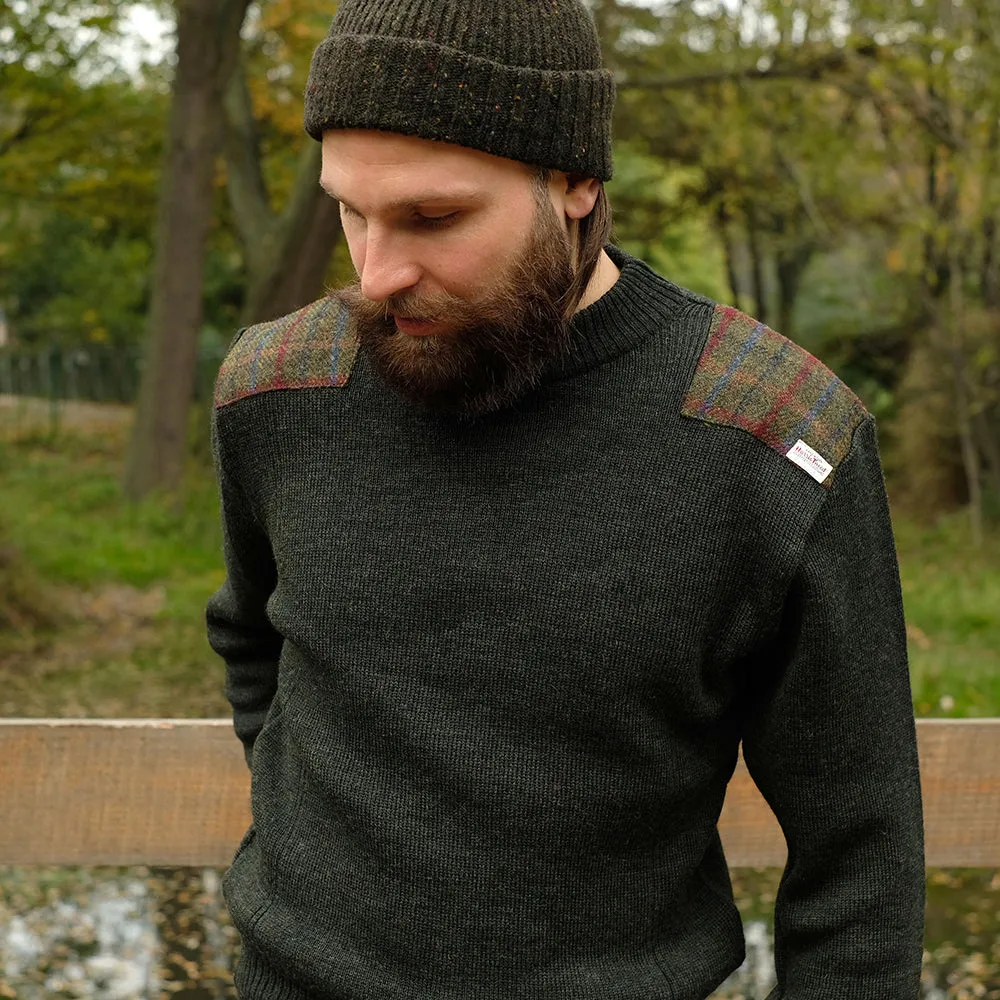 Military style jumper with Harris Tweed shoulder patches in dark green