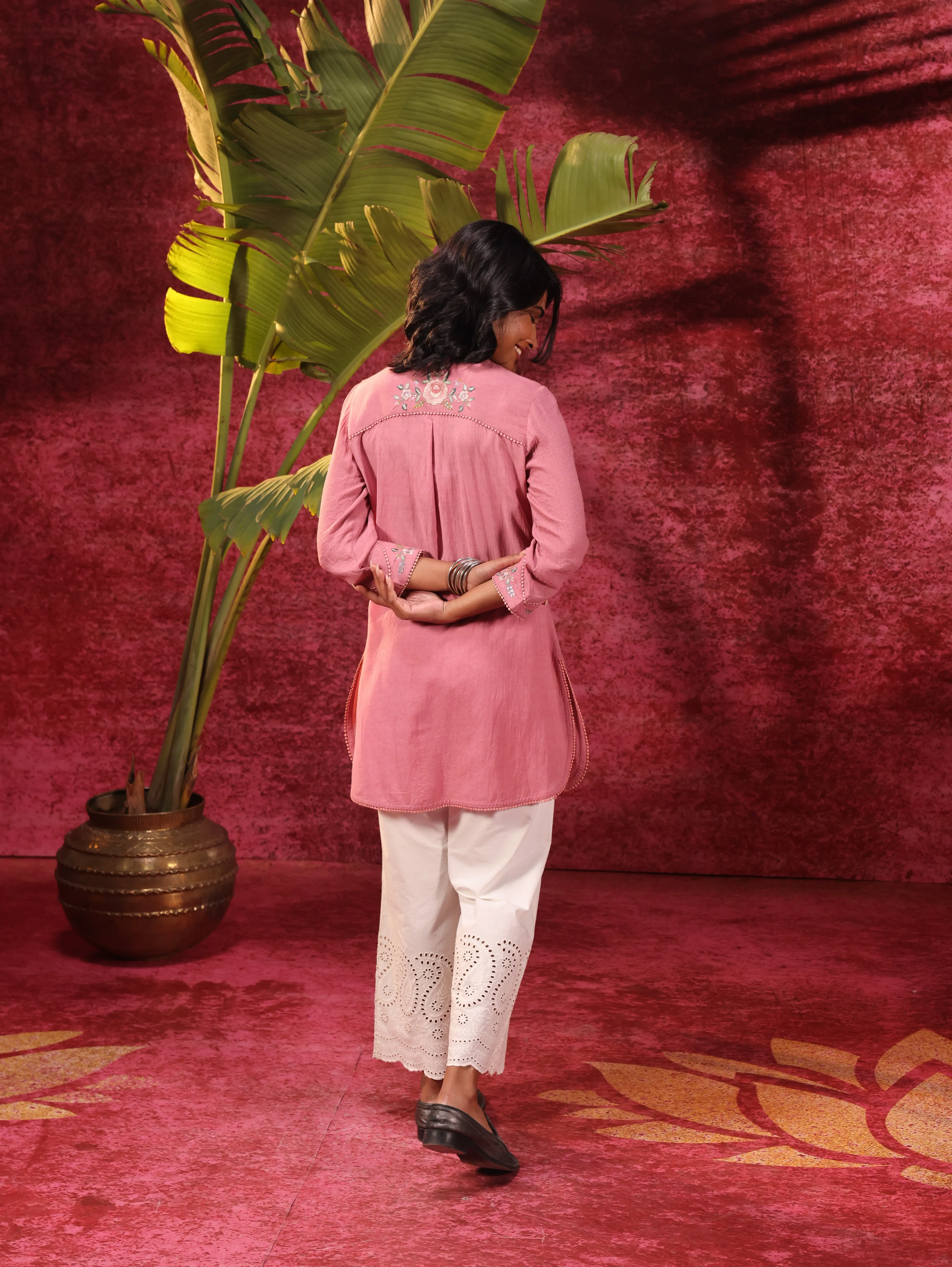 Mogra Turkish Pink Crinkled Crepe Embroidered Shirt for Women