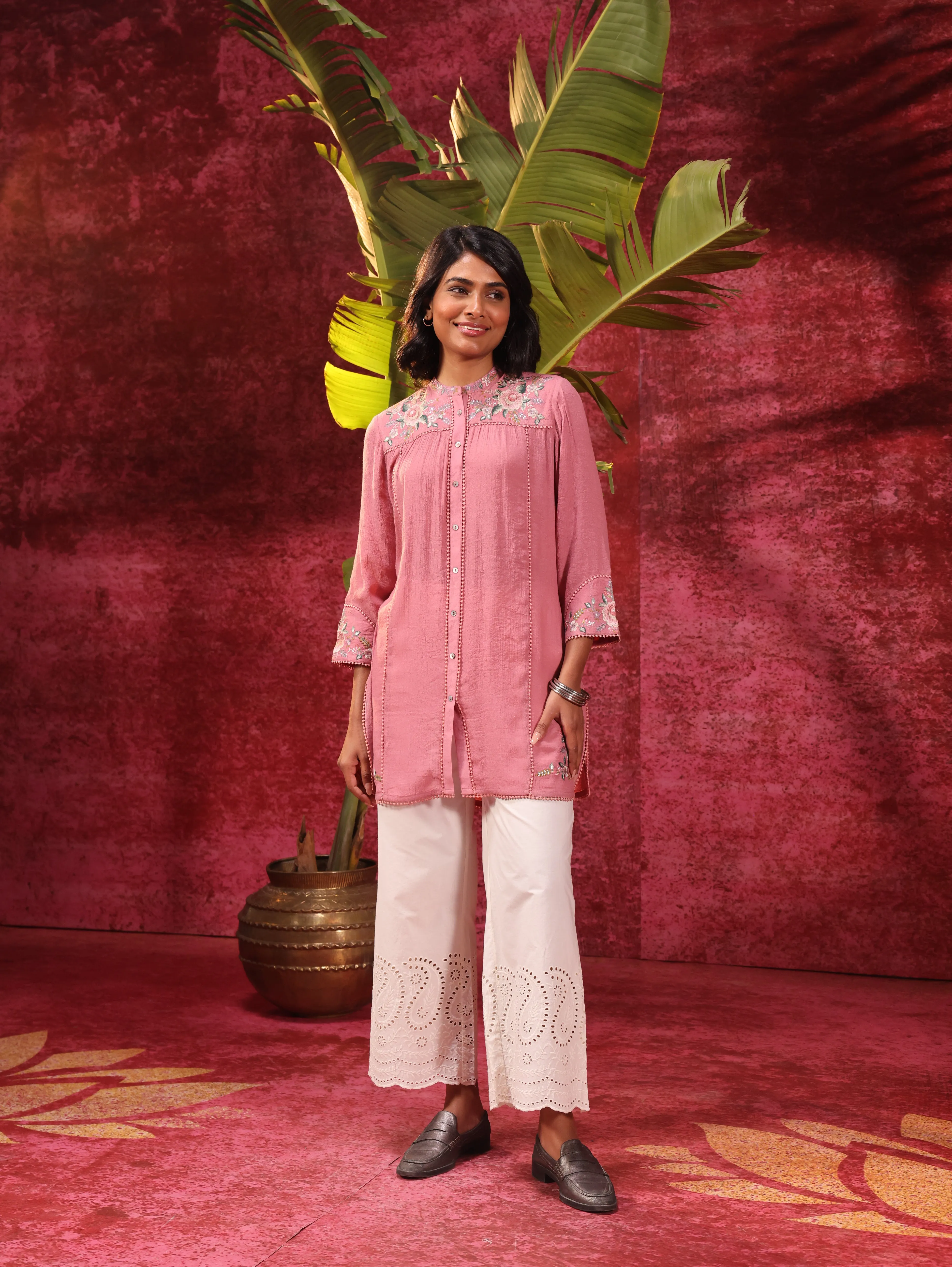 Mogra Turkish Pink Crinkled Crepe Embroidered Shirt for Women