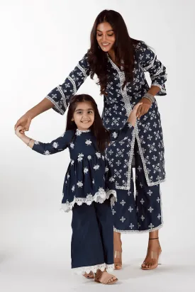 Mulmul Cotton Jolie Kurta Navy With Jolie Sharara Navy