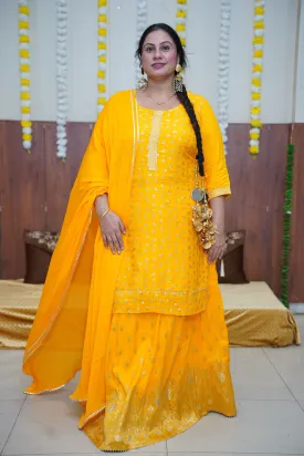 Mustard Gold Jacquard Skirt Suit