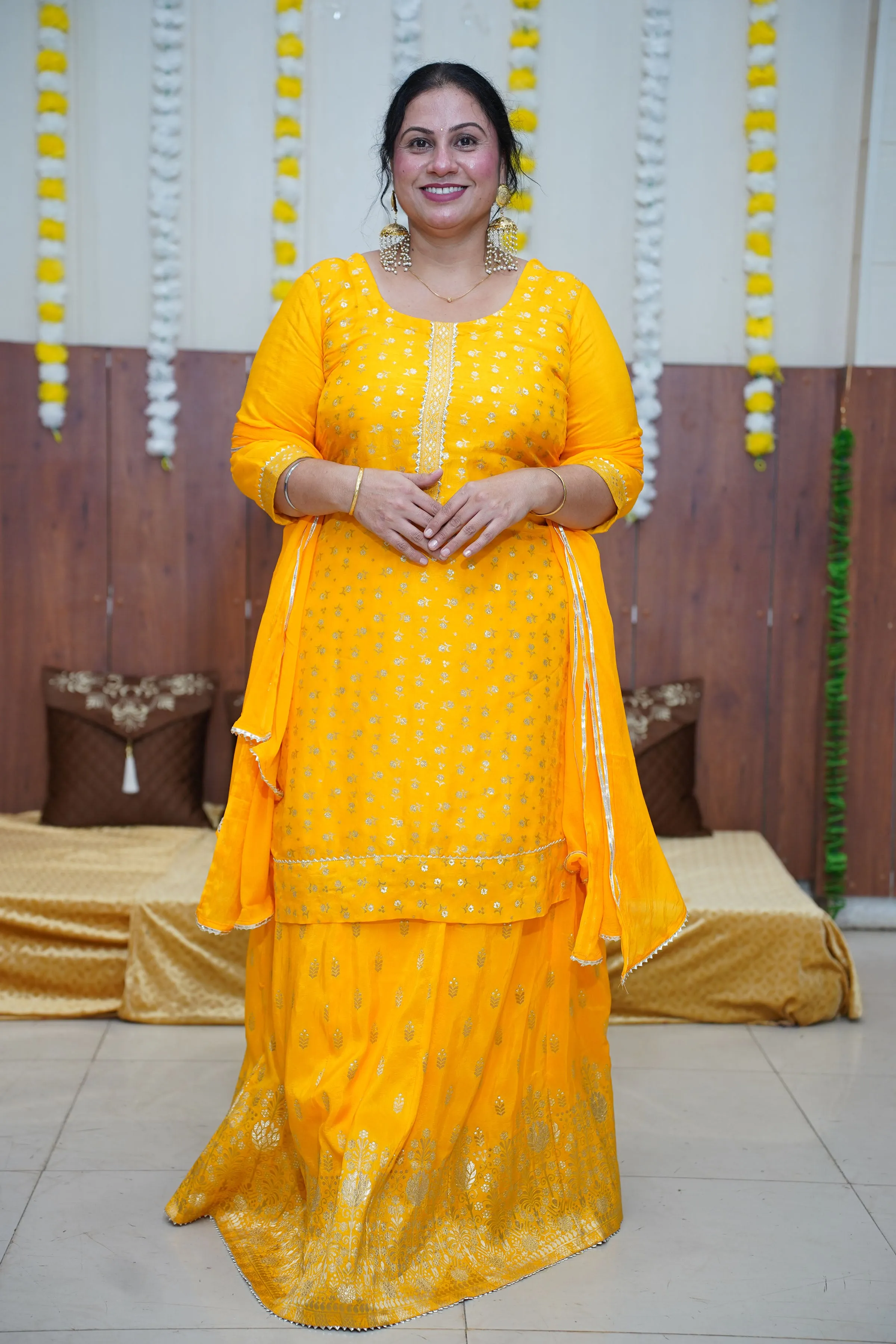 Mustard Gold Jacquard Skirt Suit