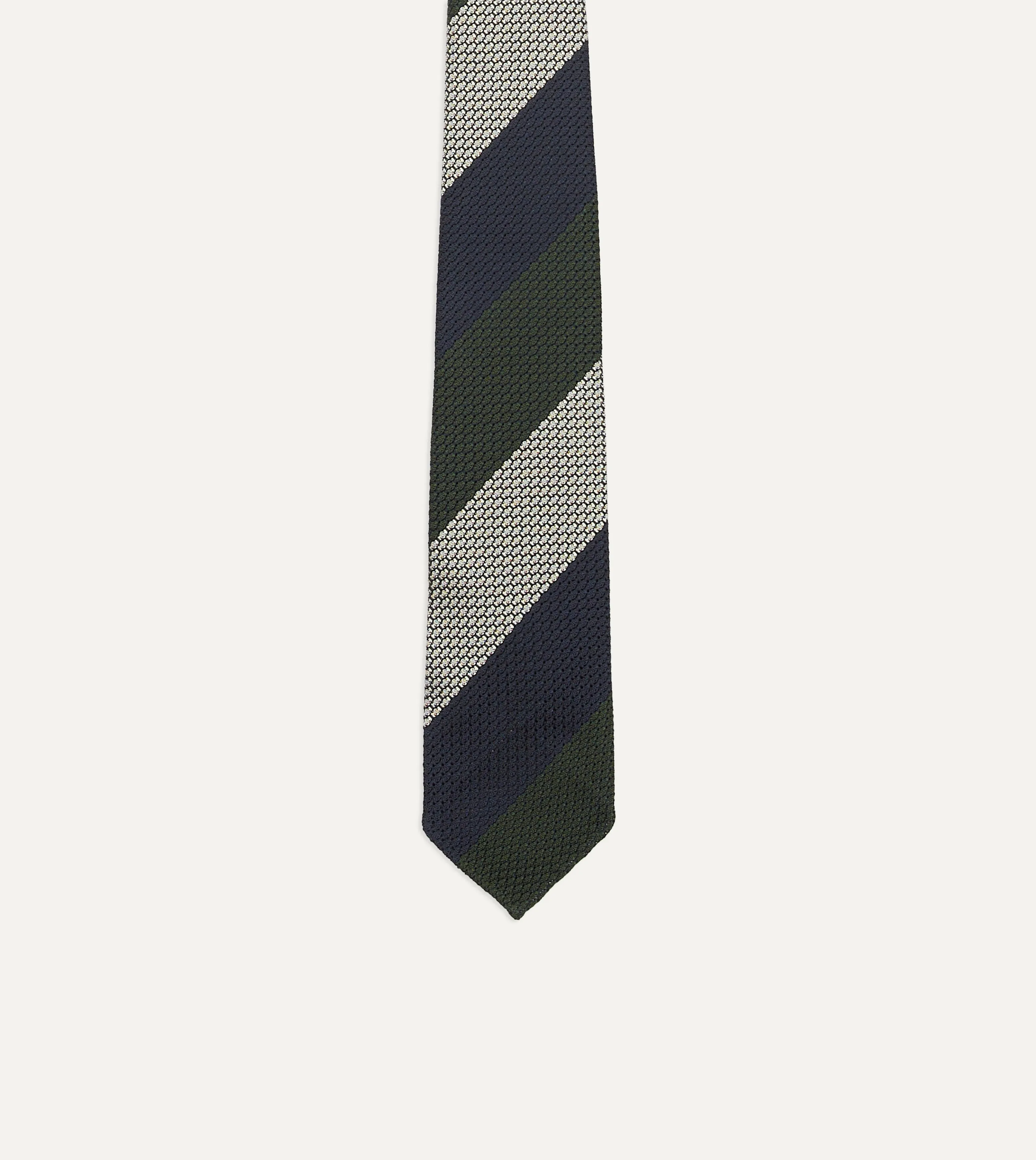 Navy, Green and White Wide Stripe Silk Grenadine Tie