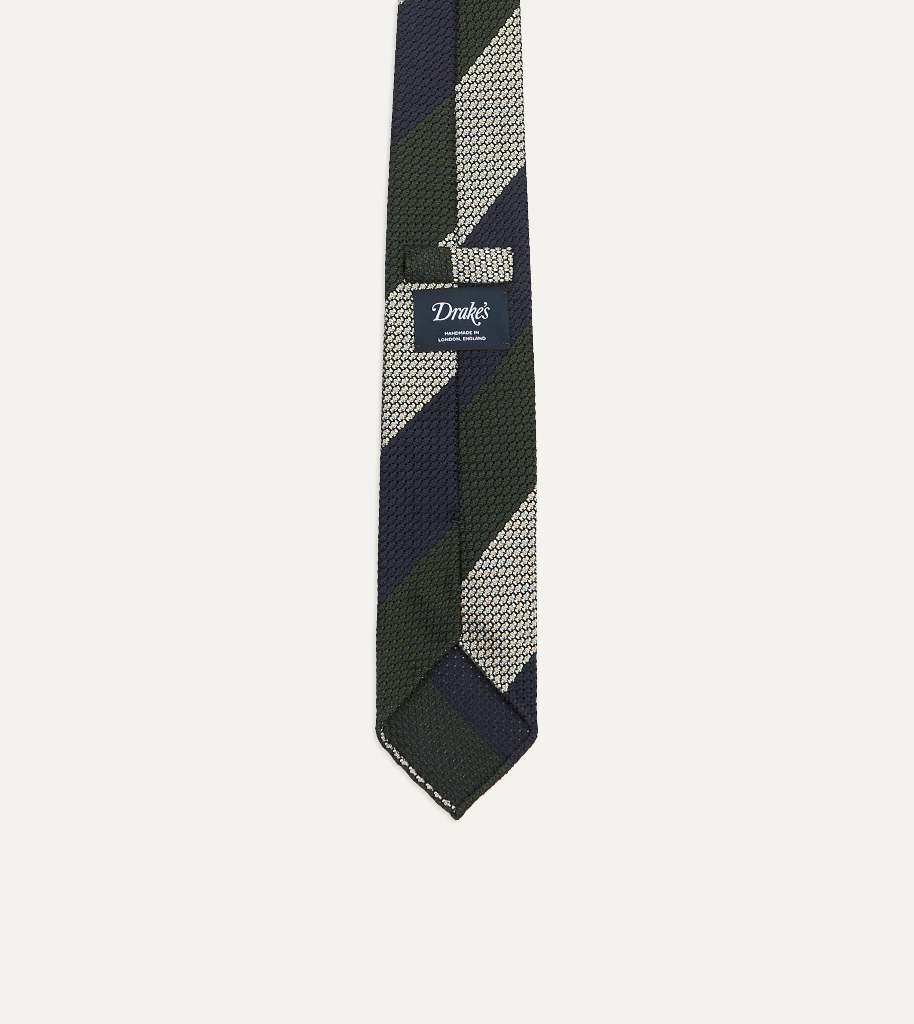 Navy, Green and White Wide Stripe Silk Grenadine Tie