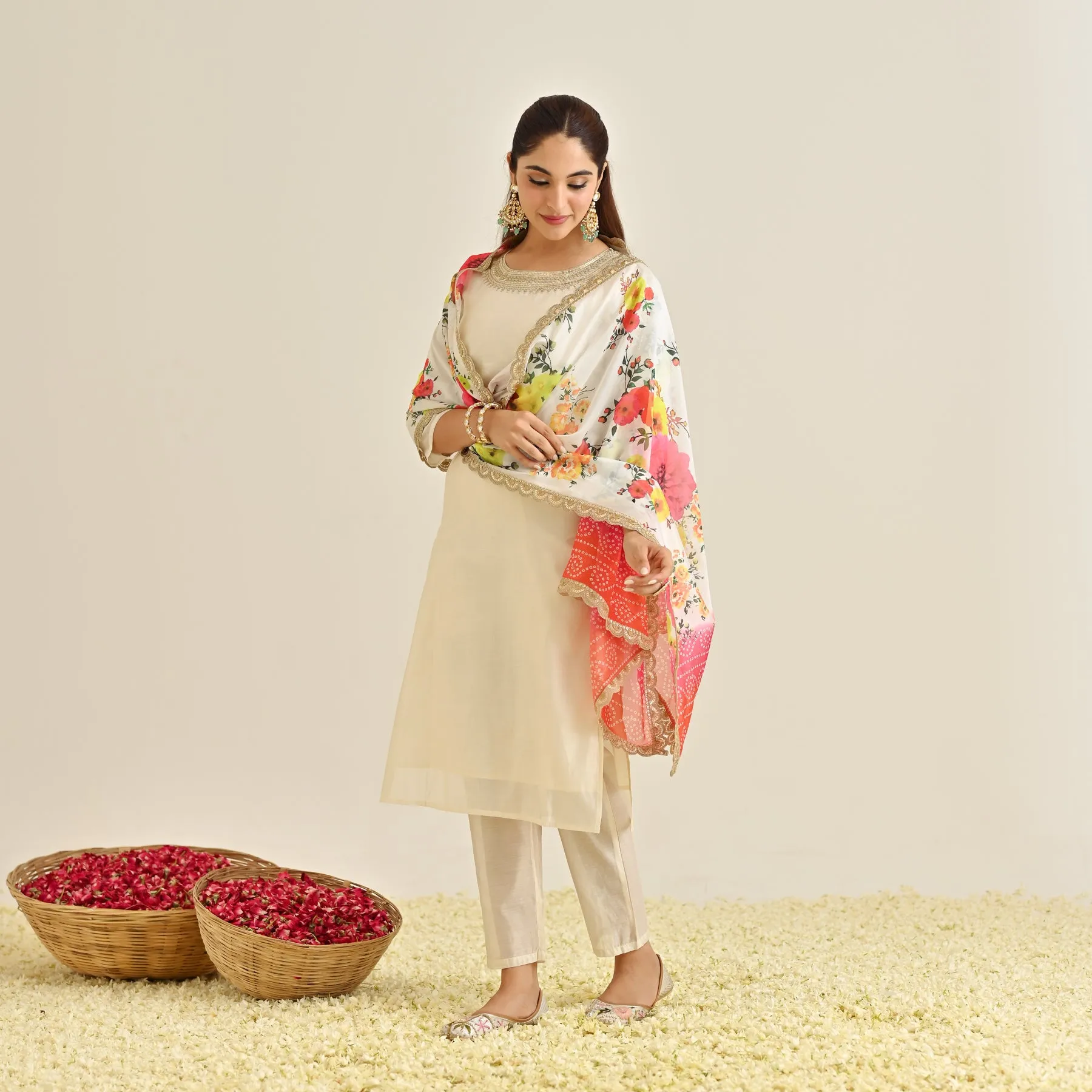 Off White Festive Embroidered Kurta Set with Printed Dupatta & Round Yoke Detail