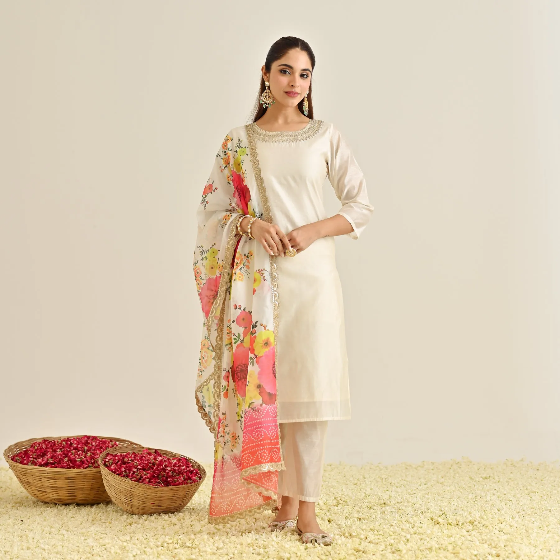 Off White Festive Embroidered Kurta Set with Printed Dupatta & Round Yoke Detail