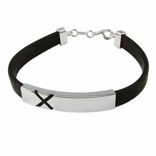 Personalised Sterling Silver Mens Cross Rubber Id Bracelet