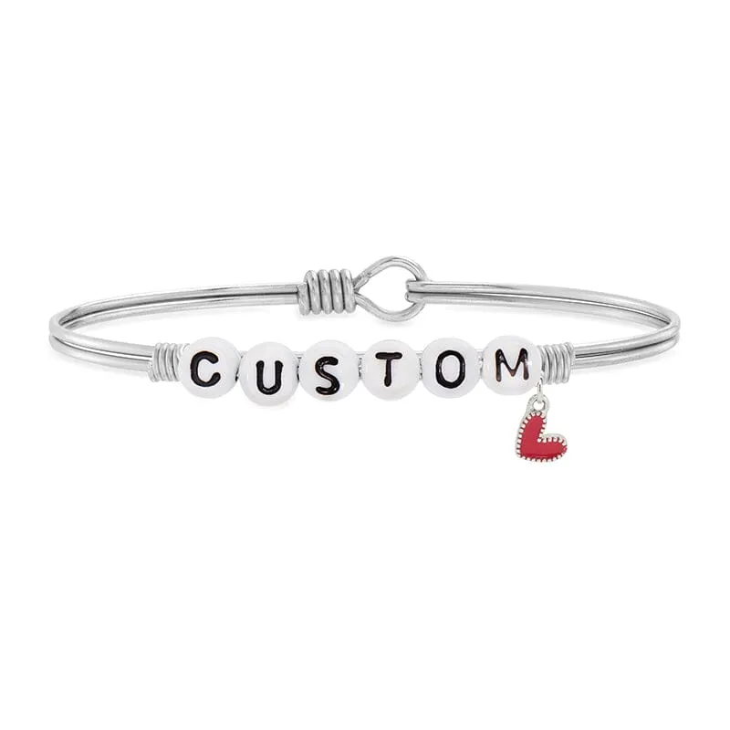 Personalized Letter Bead Bangle Bracelet with Red Heart Charm