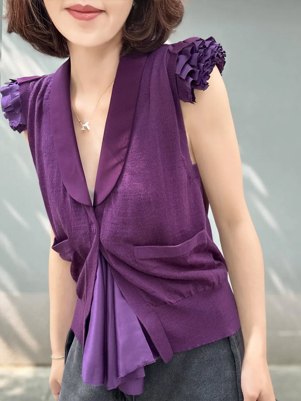 Purple Layered Ruffle Collared Cashmere Woollen Knit Top