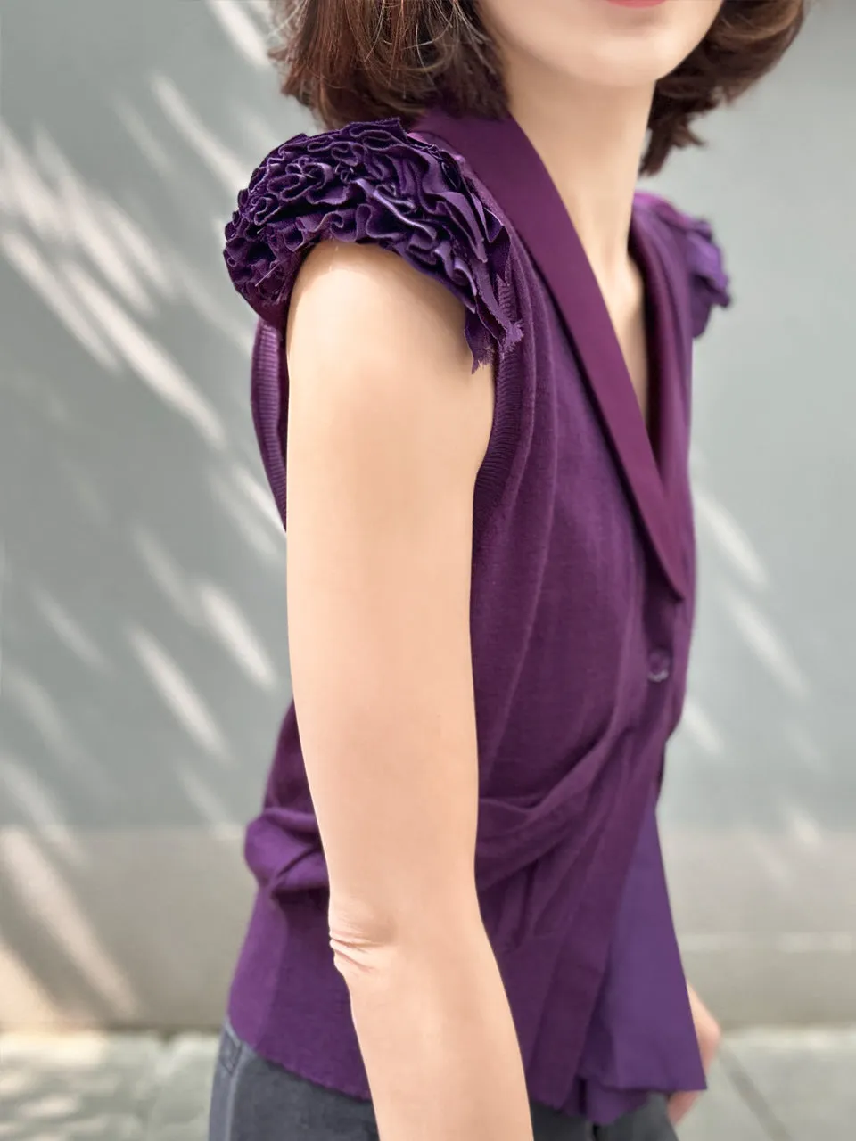 Purple Layered Ruffle Collared Cashmere Woollen Knit Top