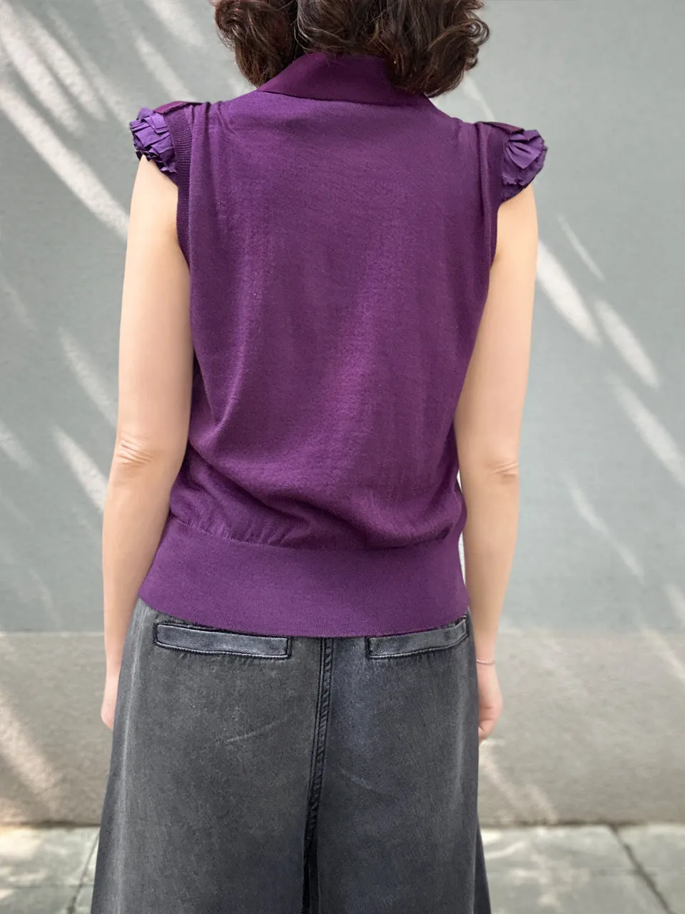 Purple Layered Ruffle Collared Cashmere Woollen Knit Top