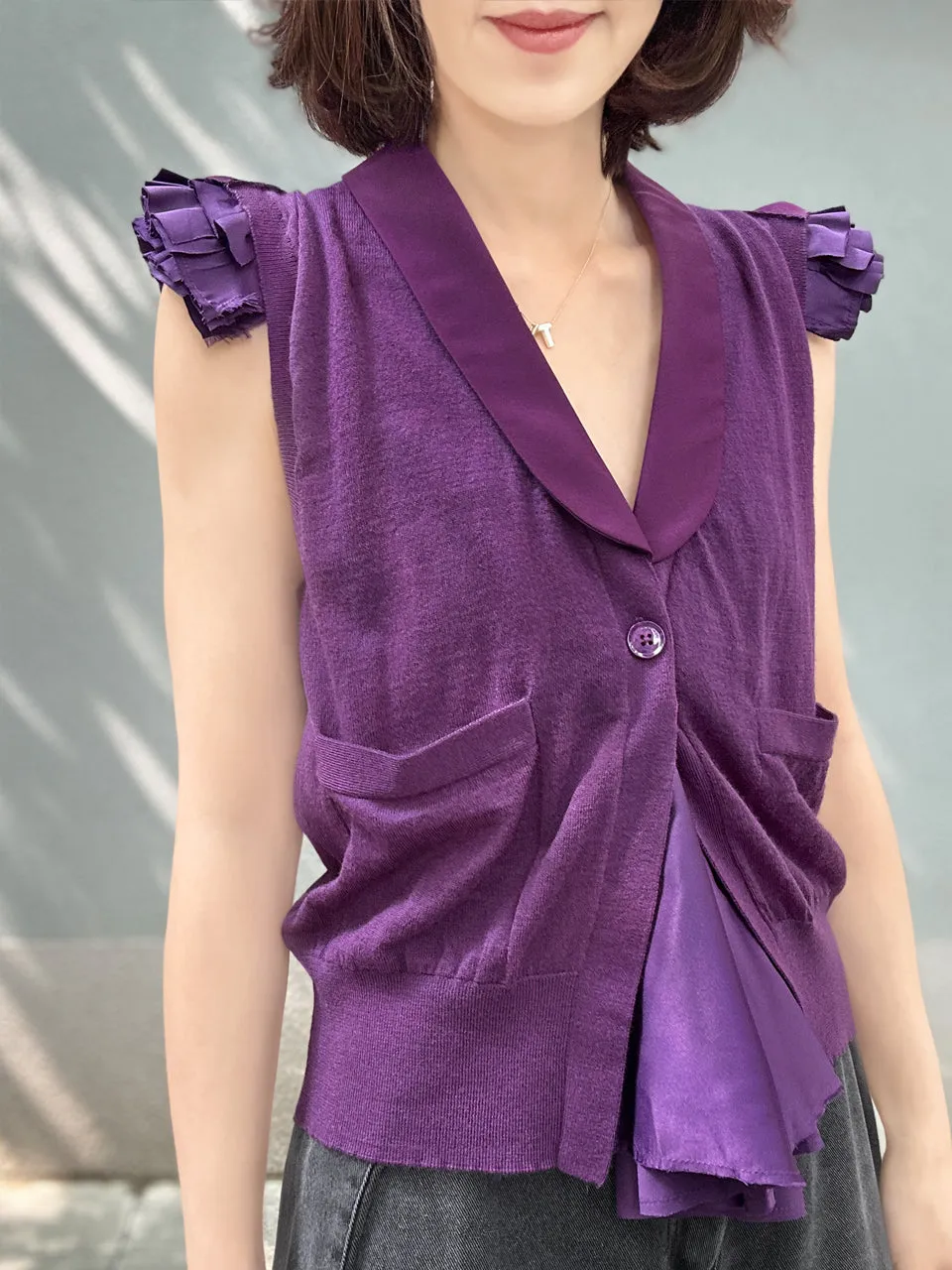 Purple Layered Ruffle Collared Cashmere Woollen Knit Top