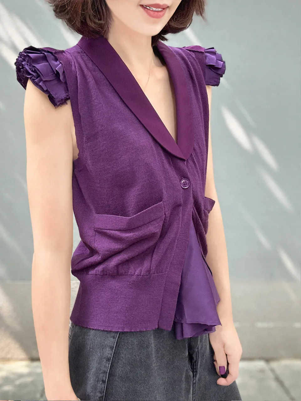 Purple Layered Ruffle Collared Cashmere Woollen Knit Top