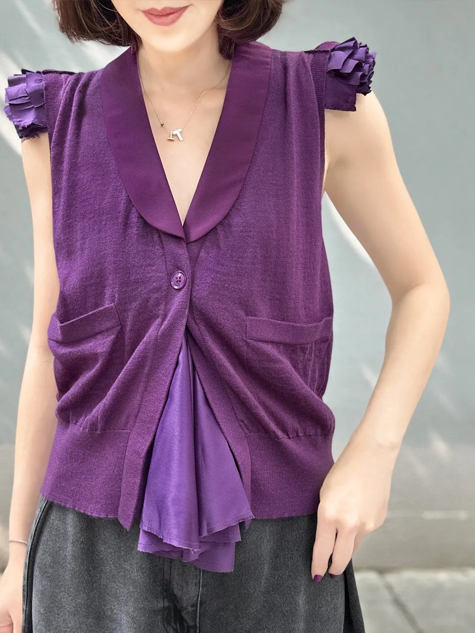 Purple Layered Ruffle Collared Cashmere Woollen Knit Top