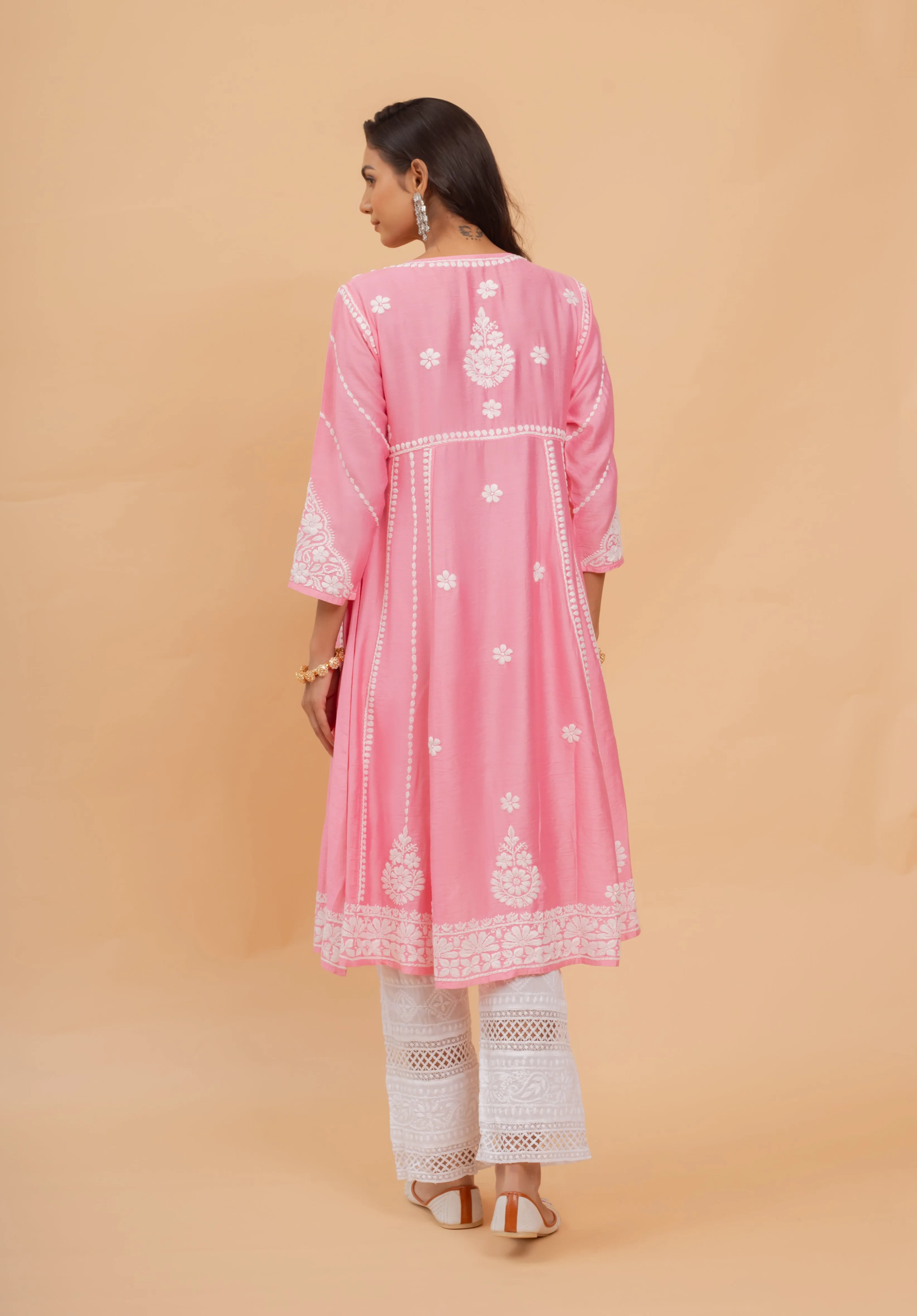 Saba Chanderi Silk Chikankari Long Kurta - Pink