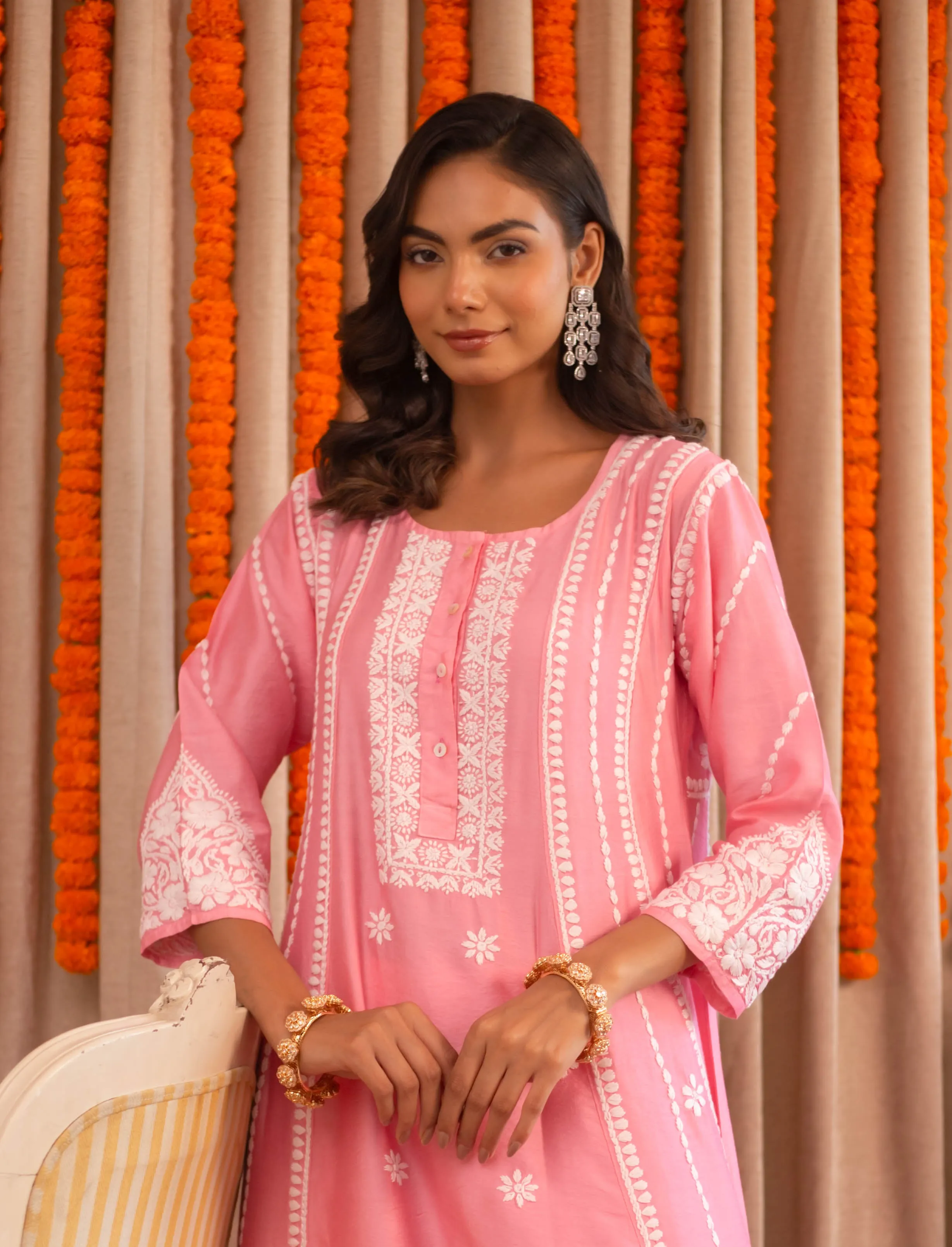 Saba Chanderi Silk Chikankari Long Kurta - Pink