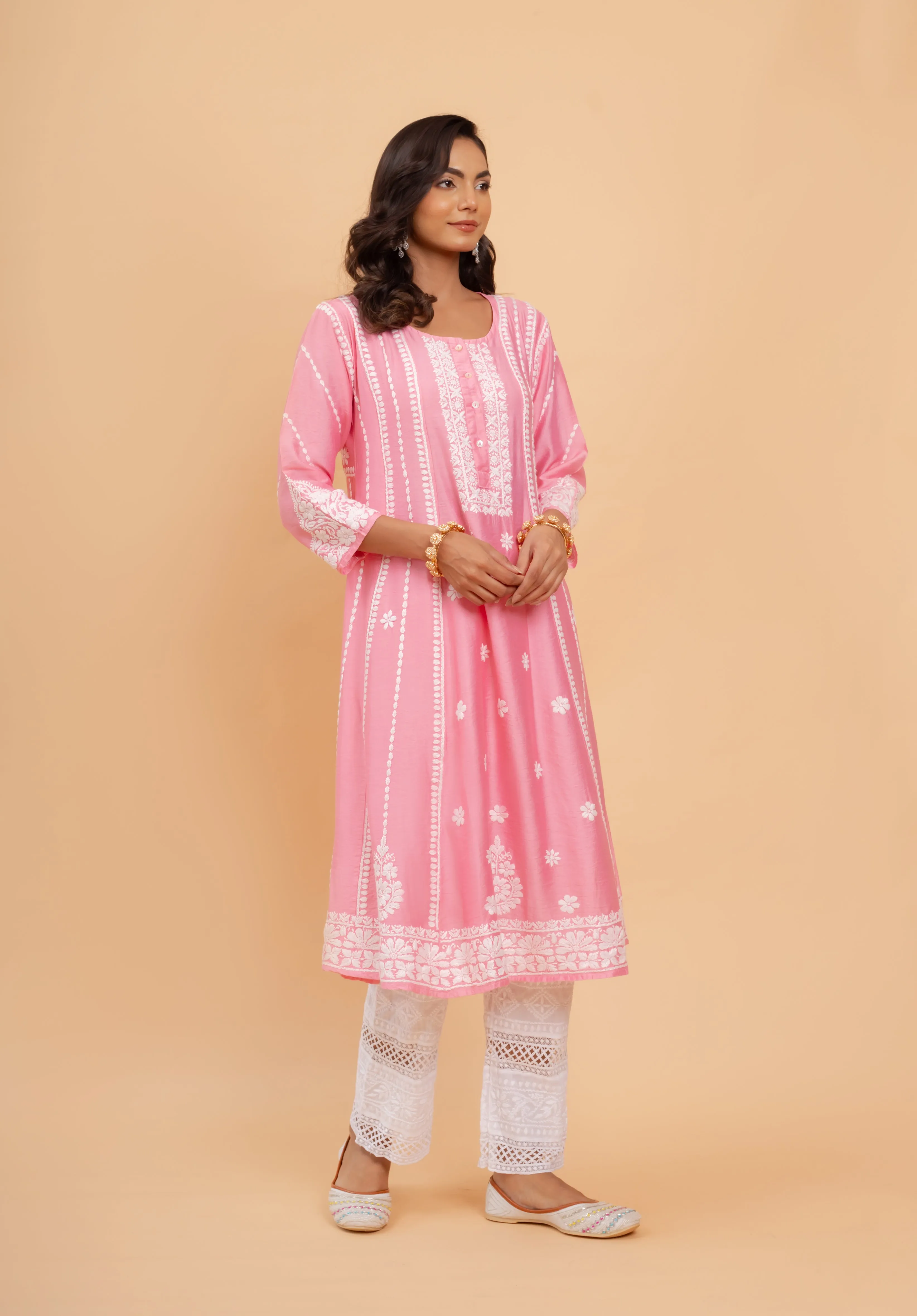 Saba Chanderi Silk Chikankari Long Kurta - Pink