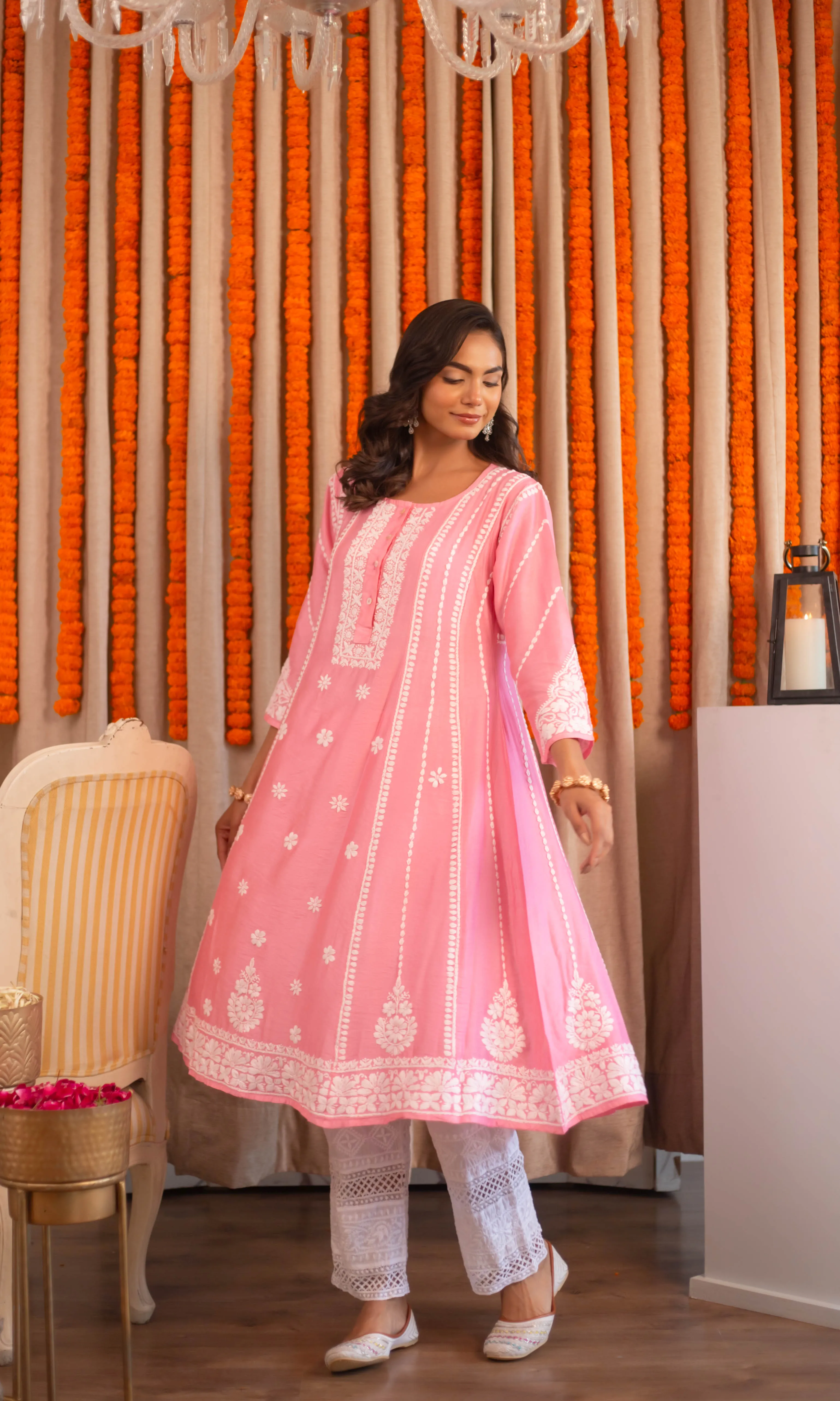 Saba Chanderi Silk Chikankari Long Kurta - Pink