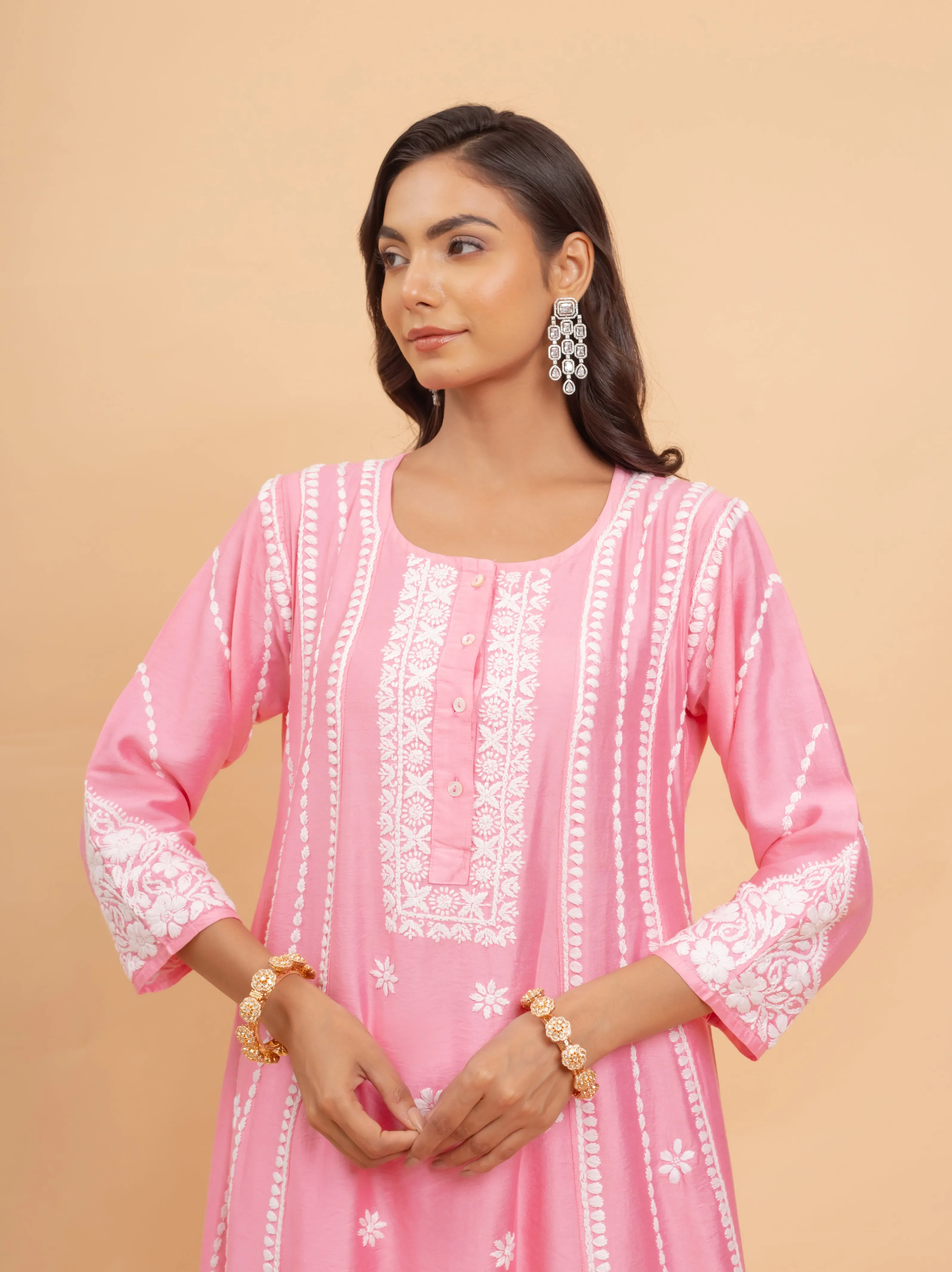 Saba Chanderi Silk Chikankari Long Kurta - Pink