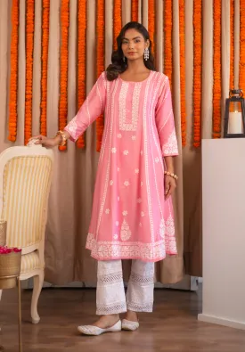 Saba Chanderi Silk Chikankari Long Kurta - Pink