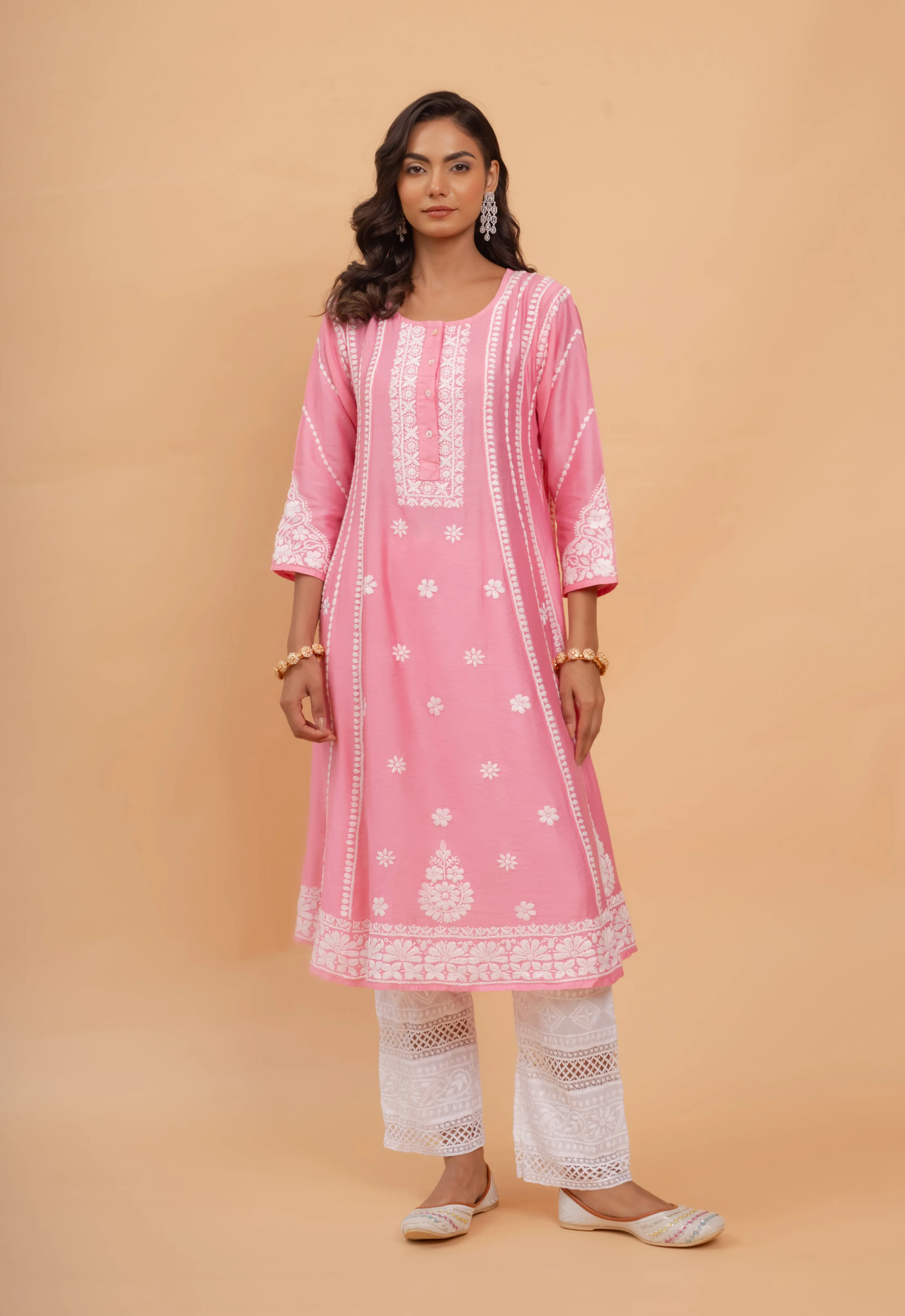 Saba Chanderi Silk Chikankari Long Kurta - Pink