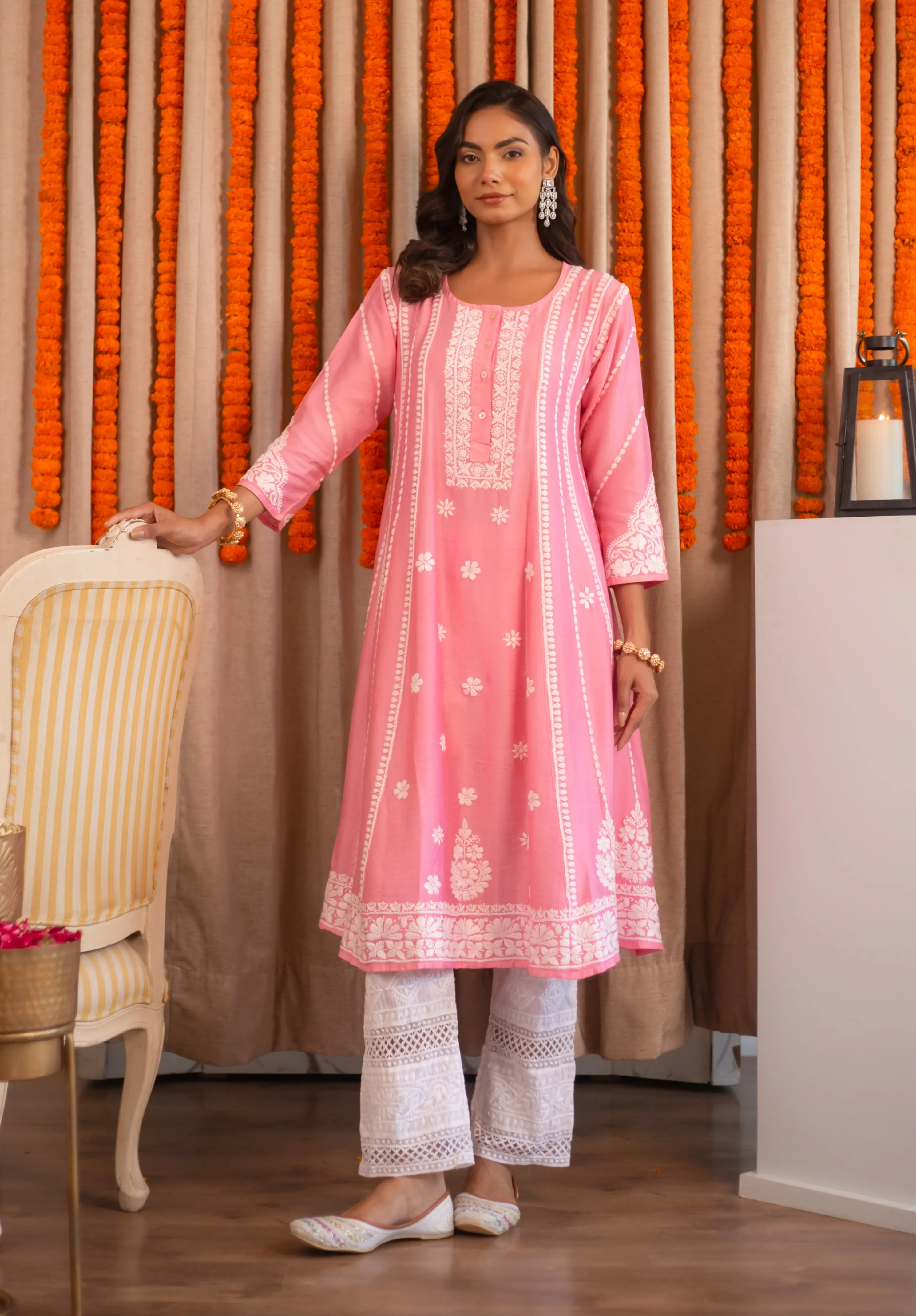 Saba Chanderi Silk Chikankari Long Kurta - Pink