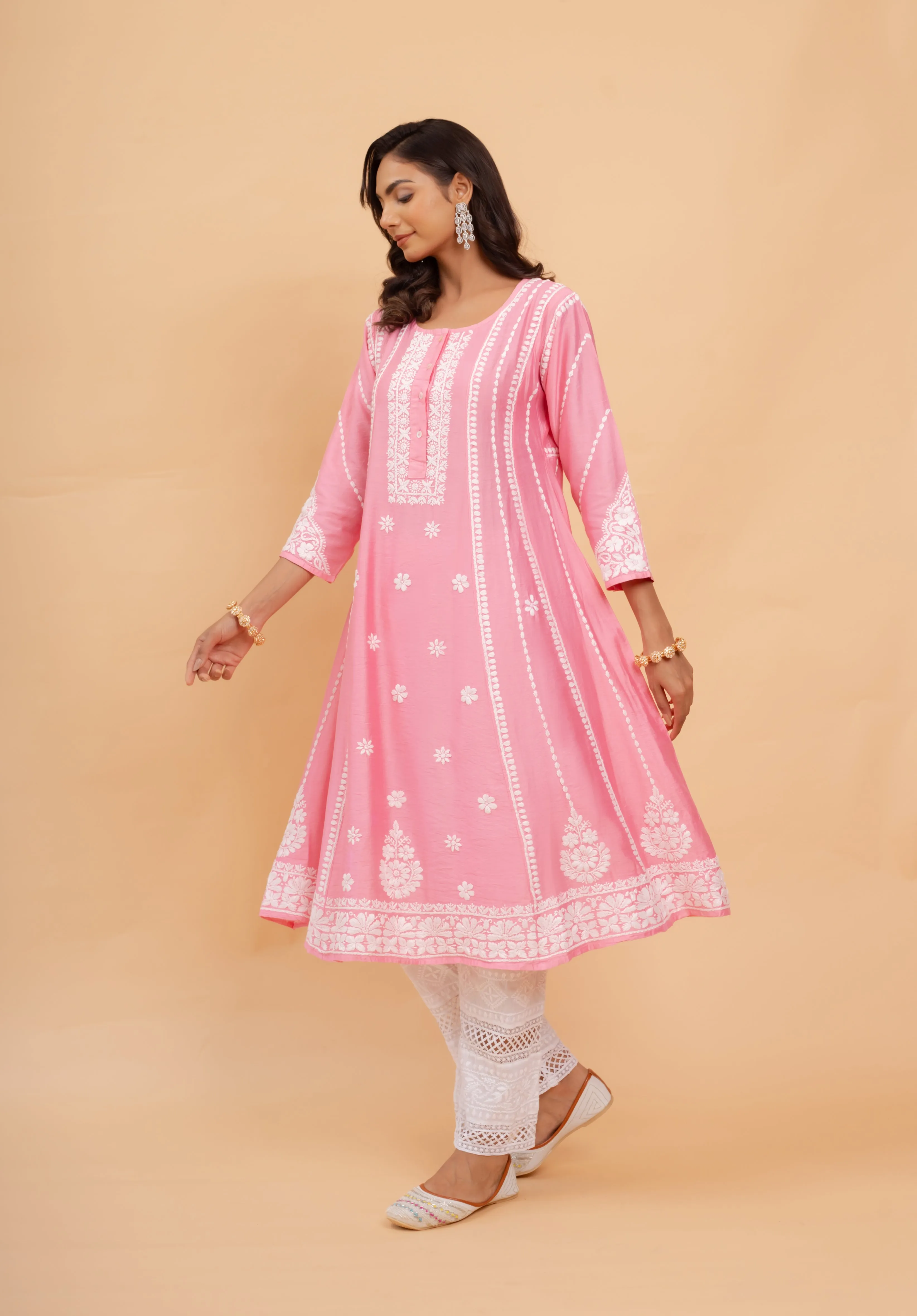 Saba Chanderi Silk Chikankari Long Kurta - Pink