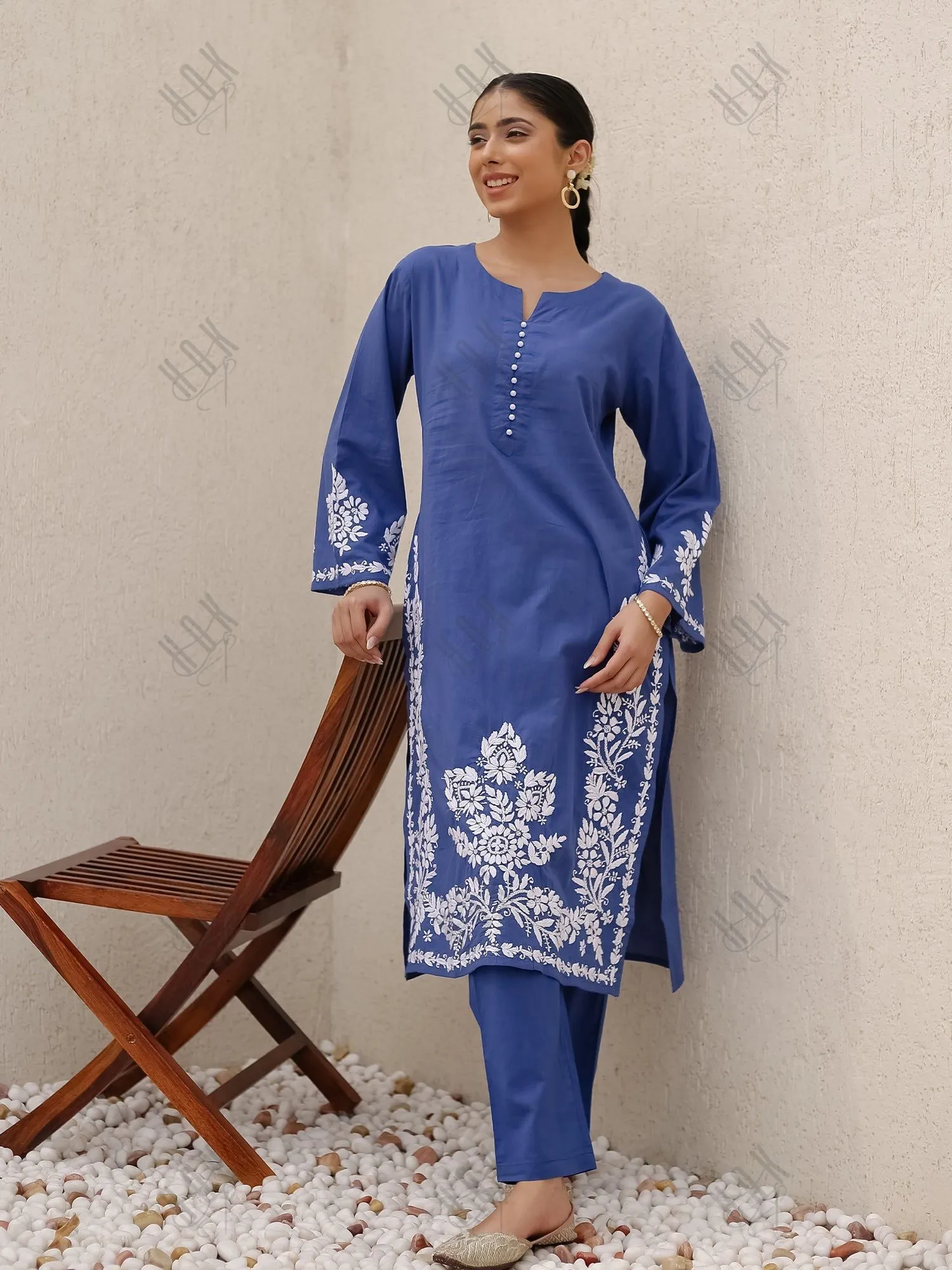 Saba Chikankari Kurta Set in Cambric Cotton - Blue