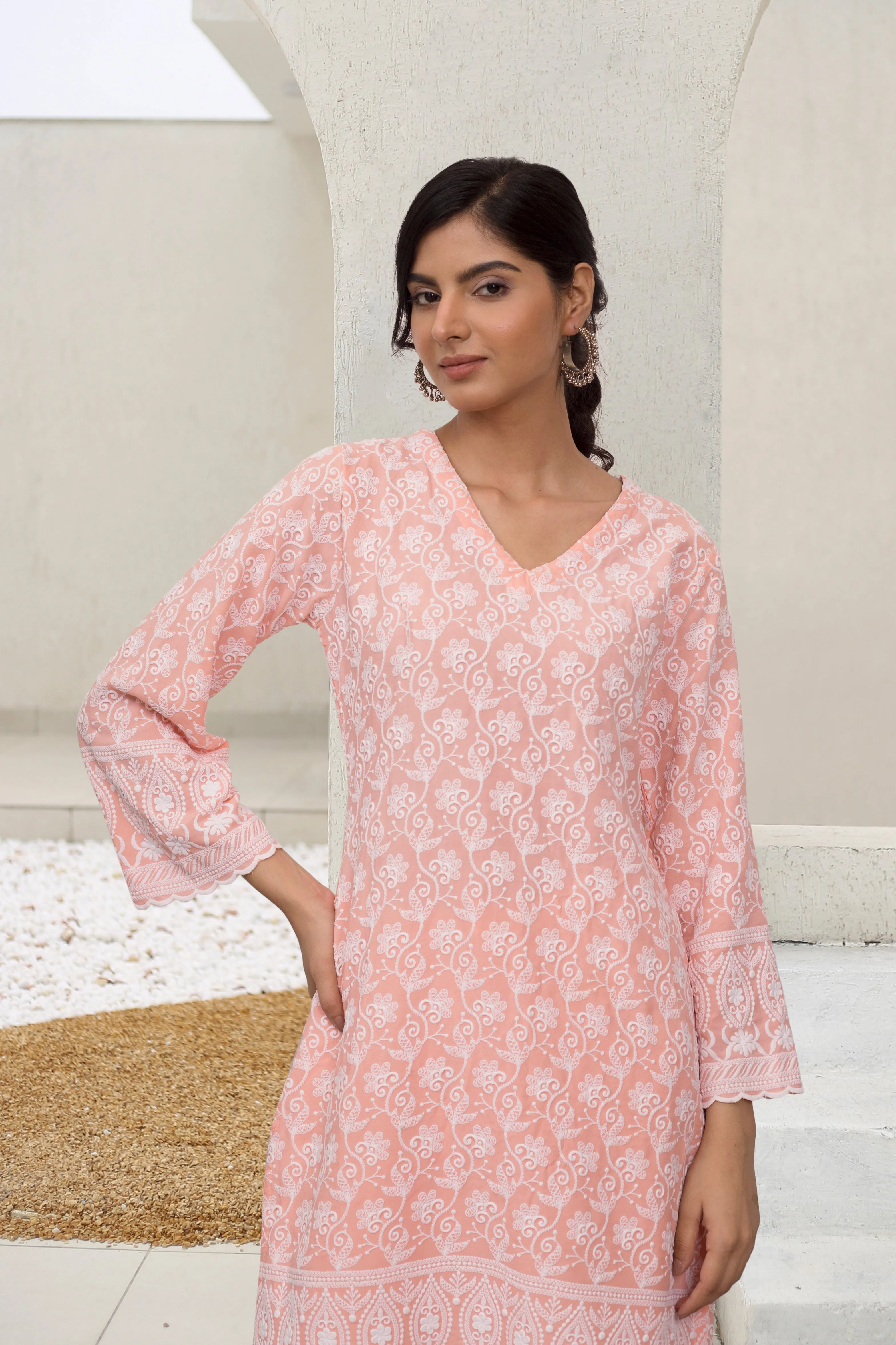 Saba Chikankari Kurta Set in Rayon - Orange