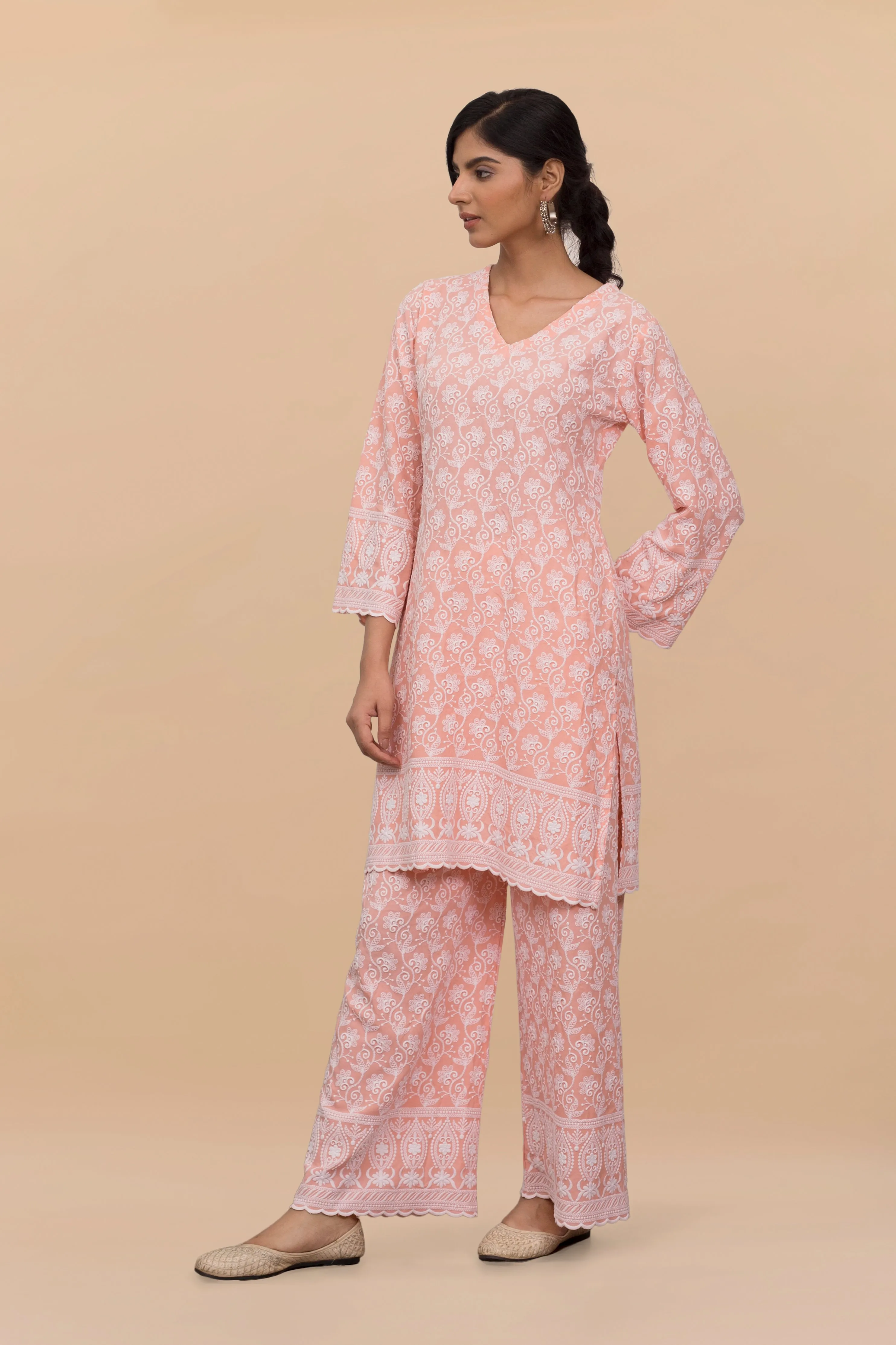 Saba Chikankari Kurta Set in Rayon - Orange