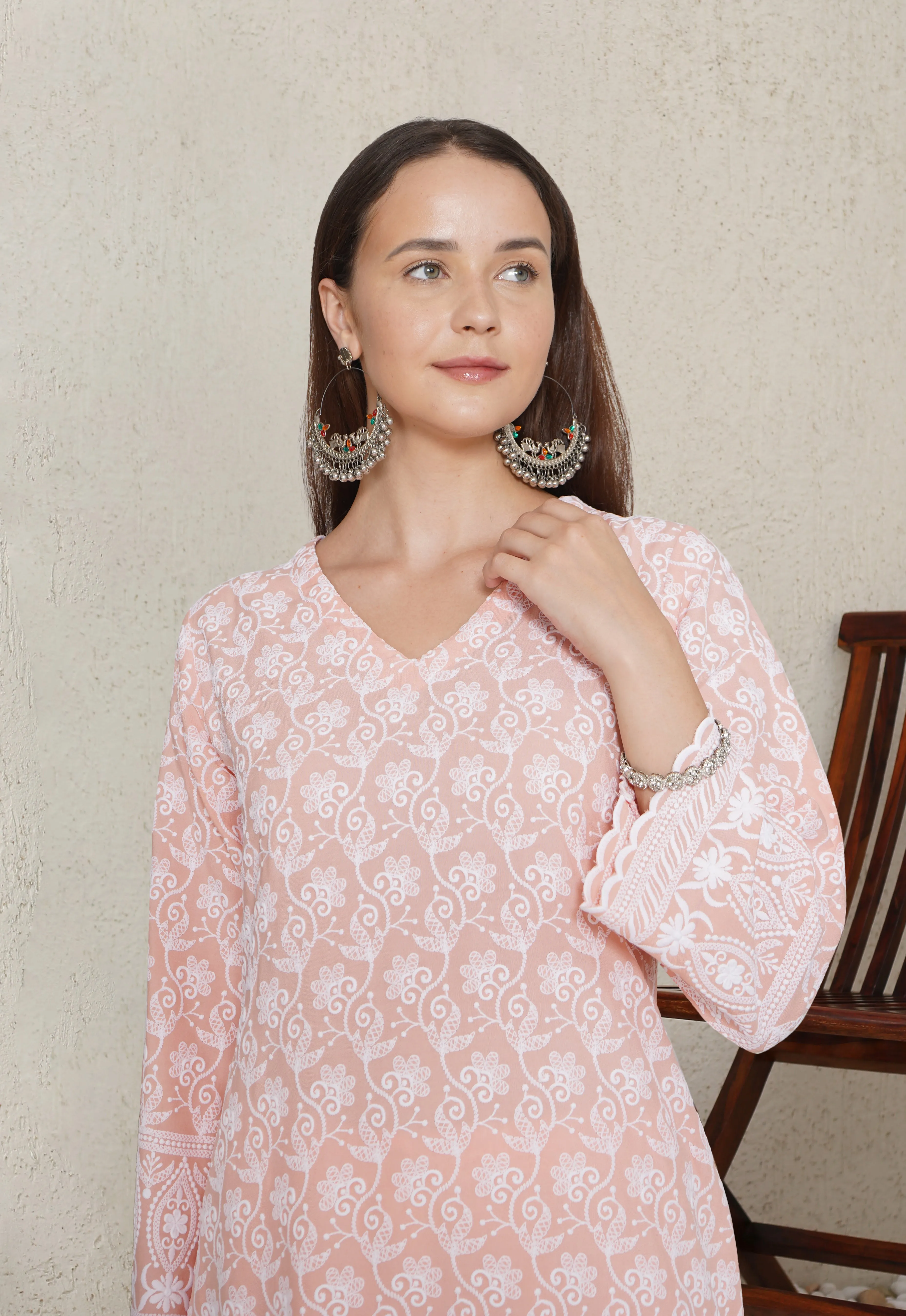 Saba Chikankari Kurta Set in Rayon - Orange